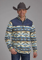 Mens Cream Navy Aztec Print Micro Fleece Zipper Jacket - ROPER - Flyclothing LLC
