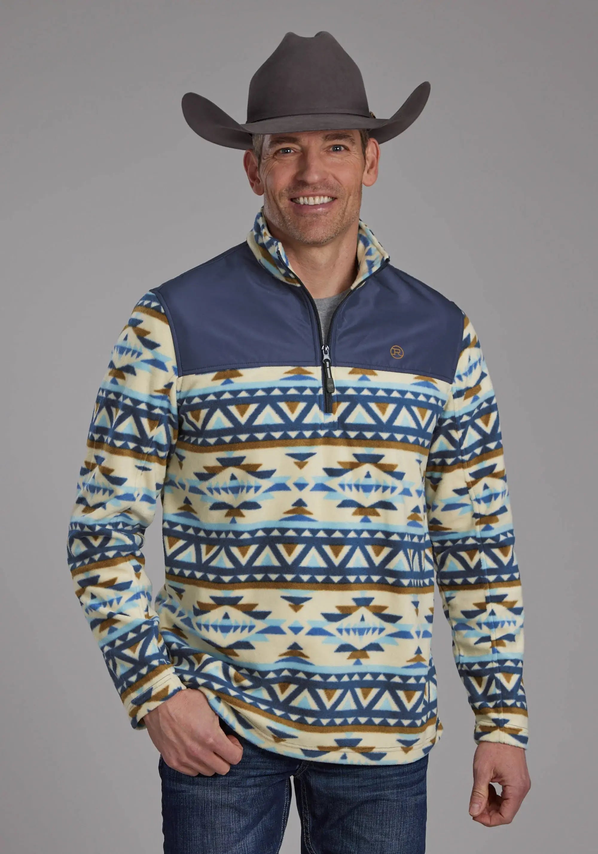 Mens Cream Navy Aztec Print Micro Fleece Zipper Jacket - ROPER - Flyclothing LLC