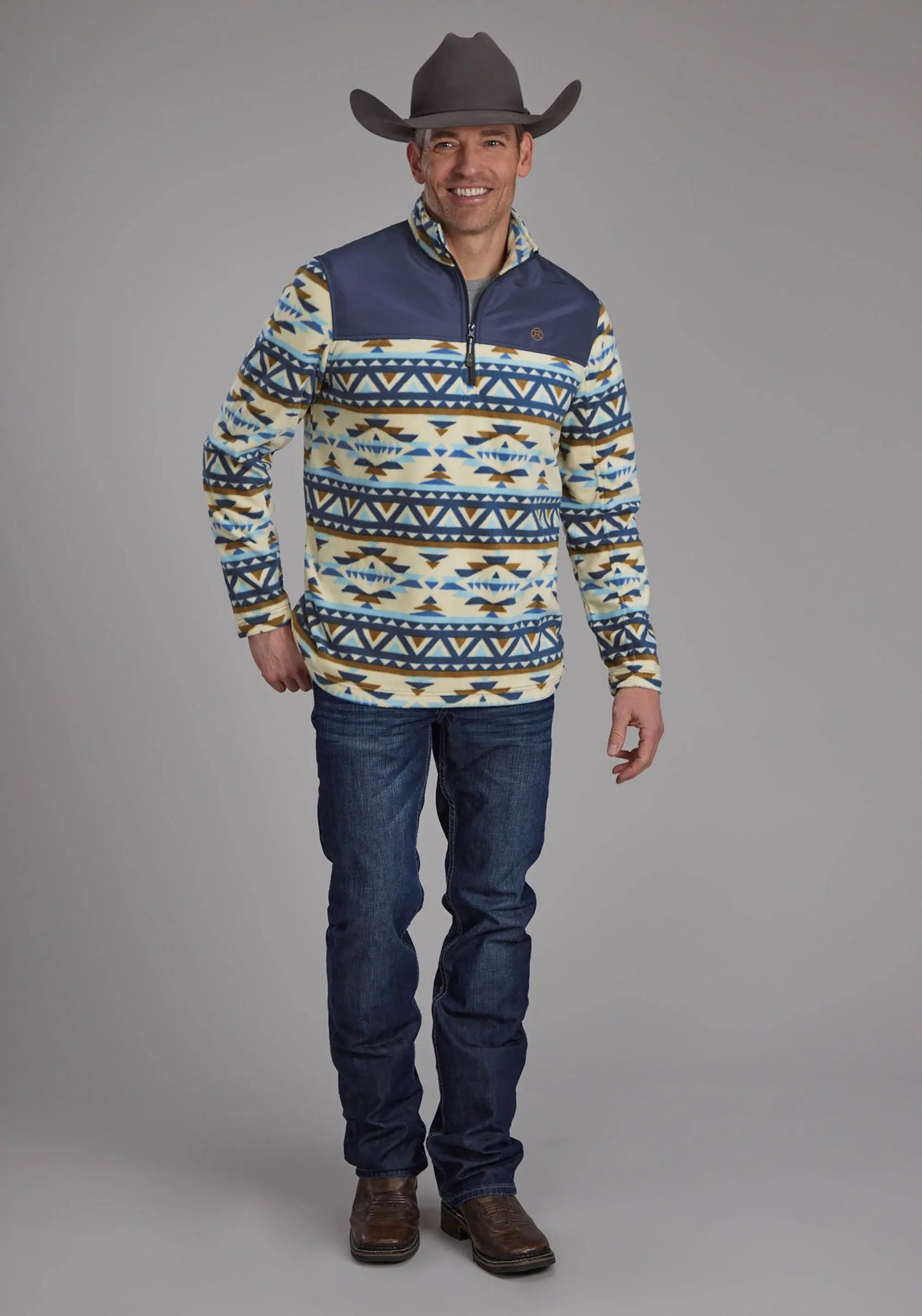 Mens Cream Navy Aztec Print Micro Fleece Zipper Jacket - ROPER - Flyclothing LLC