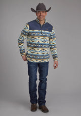 Mens Cream Navy Aztec Print Micro Fleece Zipper Jacket - ROPER - Flyclothing LLC
