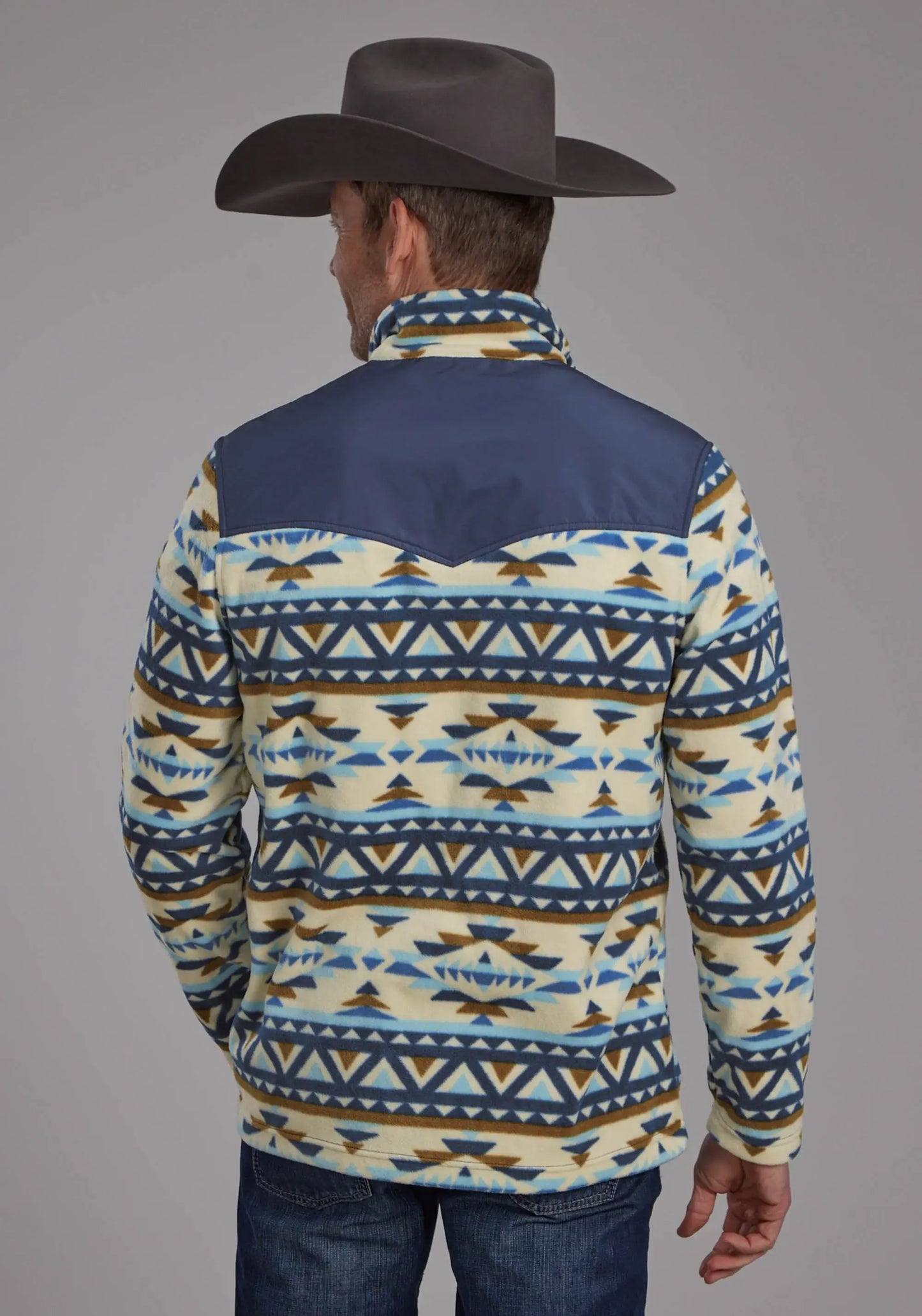 Mens Cream Navy Aztec Print Micro Fleece Zipper Jacket - ROPER - Flyclothing LLC