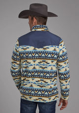 Mens Cream Navy Aztec Print Micro Fleece Zipper Jacket - ROPER - Flyclothing LLC