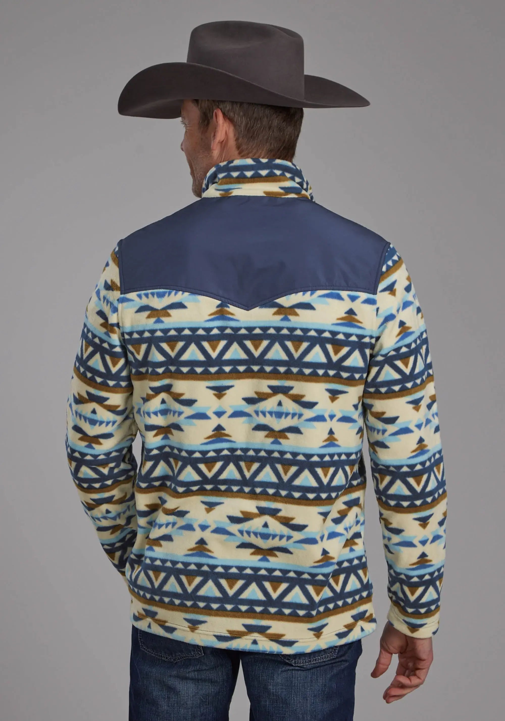 Mens Cream Navy Aztec Print Micro Fleece Zipper Jacket - ROPER - Flyclothing LLC