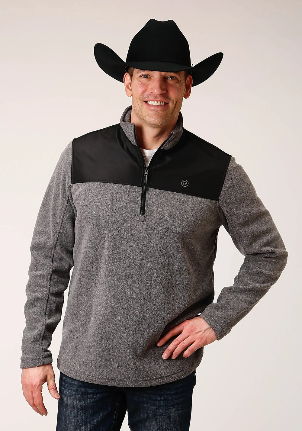 Roper Mens Gry Micro Fleece 3 Qtr Zip Pullover - Roper