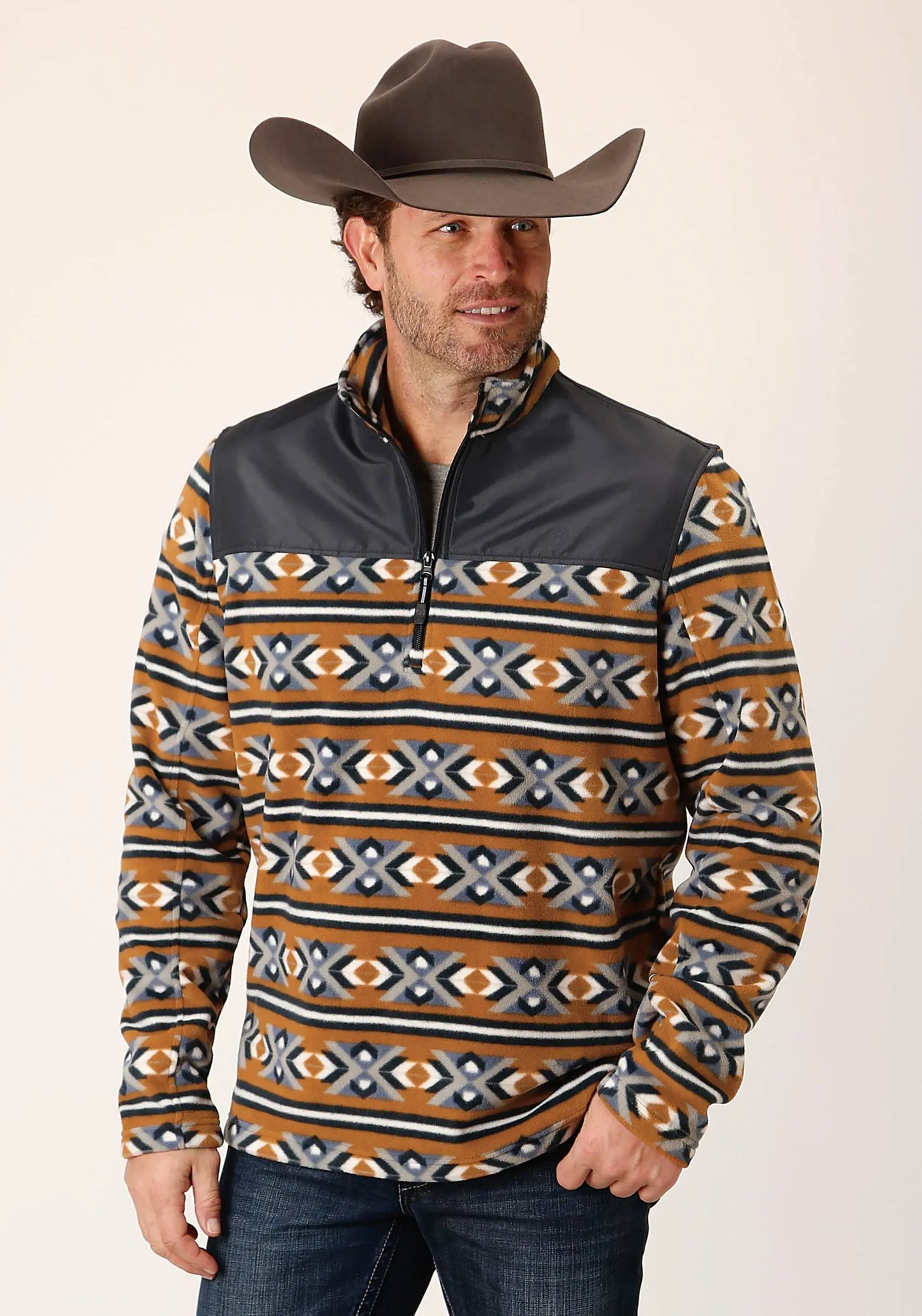 Mens Orange Aztec Print Micro Fleece Pullover - ROPER - Flyclothing LLC