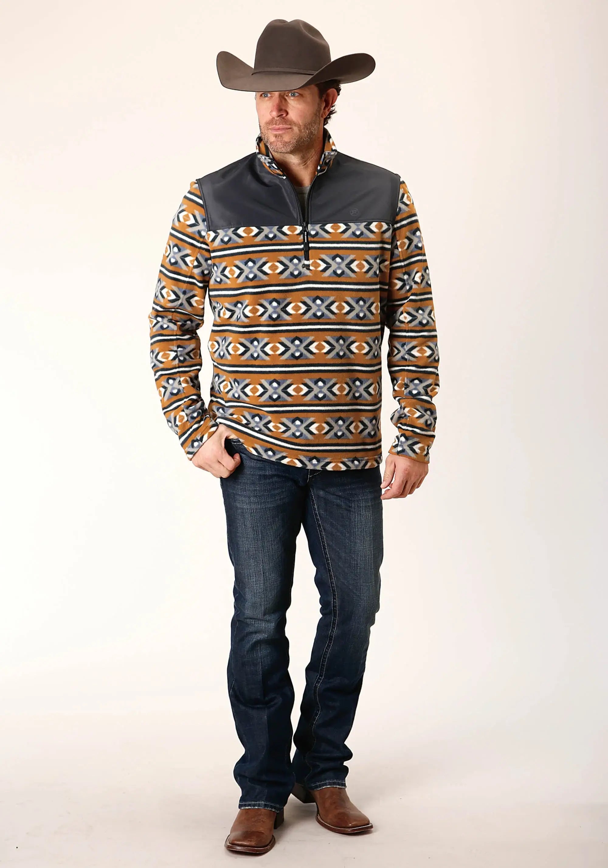 Mens Orange Aztec Print Micro Fleece Pullover - ROPER - Flyclothing LLC