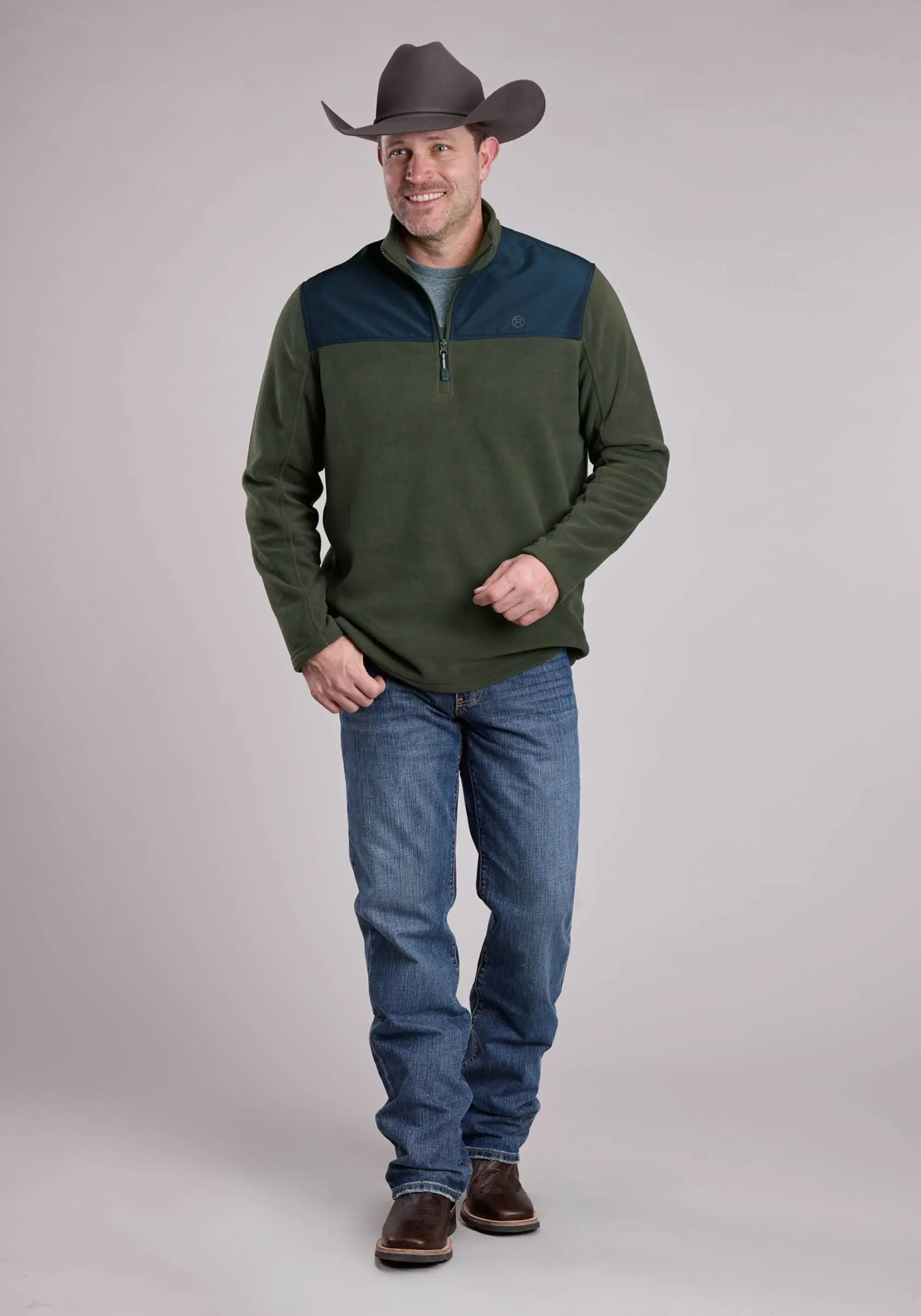 Mens Jacket Zipper Solid Olive Micro Fleece Western Jacket - ROPER - Flyclothing LLC