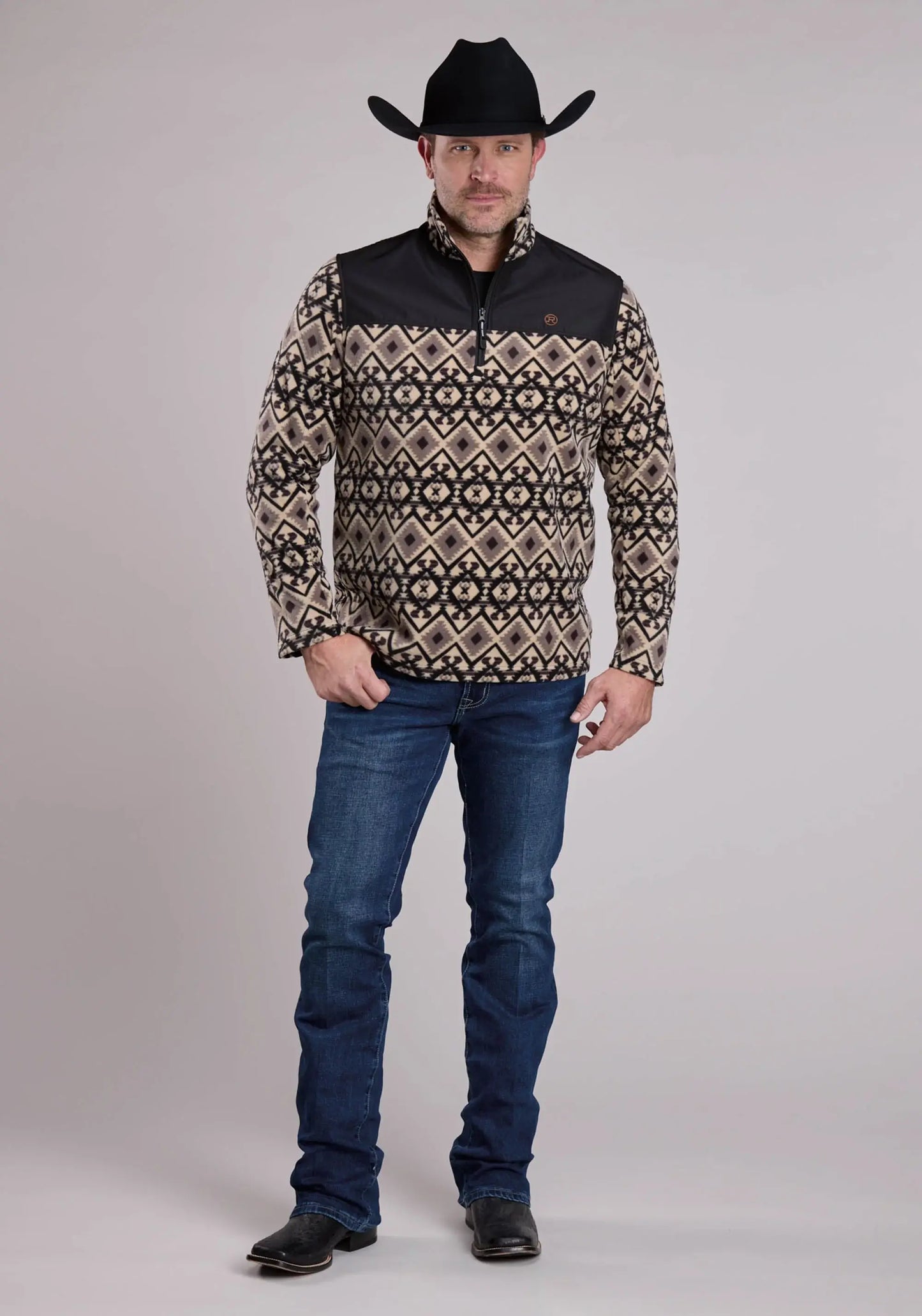 Mens Jacket Zipper Br Black Aztec Print Micro Fleece Western Jacket - ROPER - Flyclothing LLC