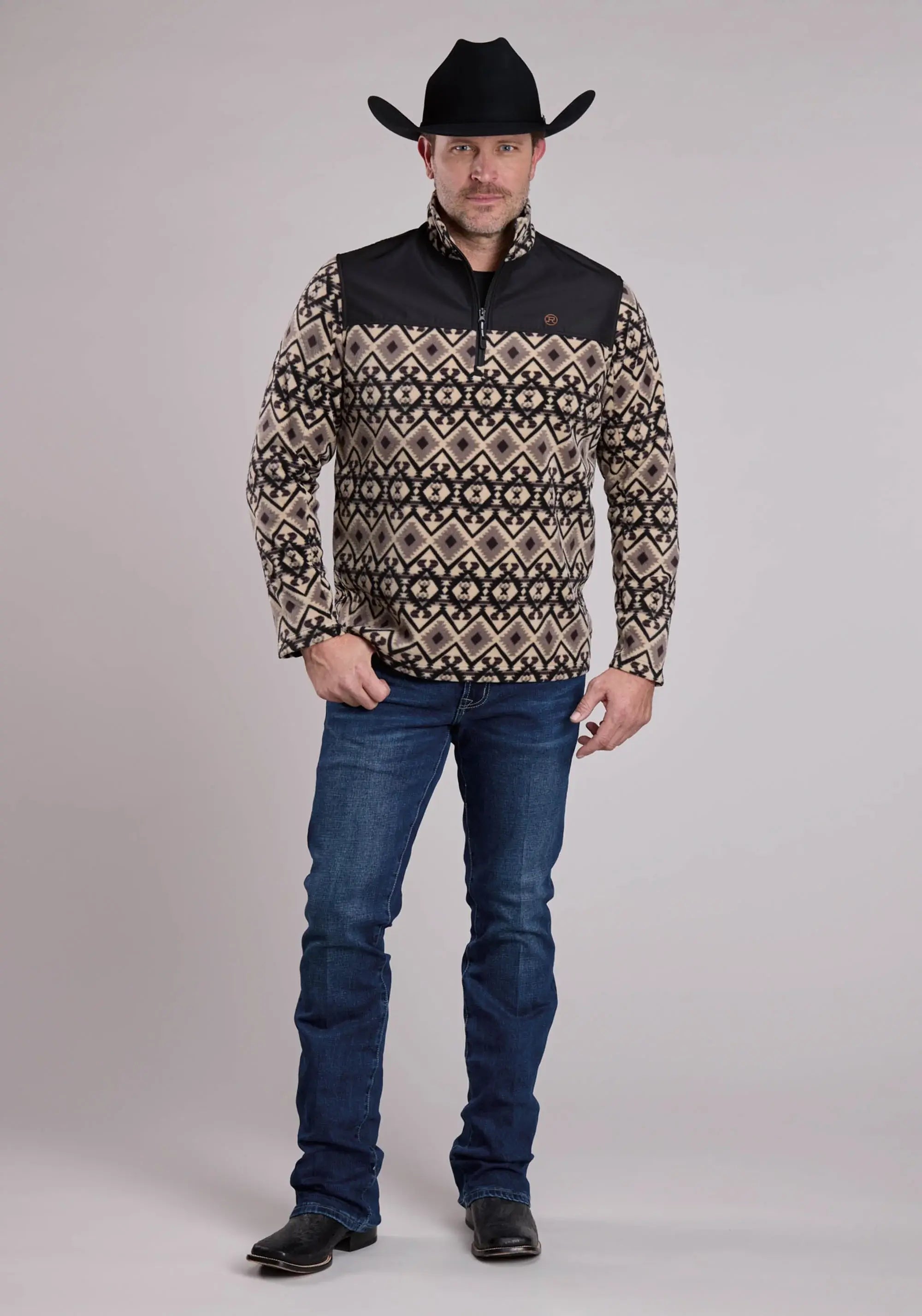 Mens Jacket Zipper Br Black Aztec Print Micro Fleece Western Jacket - ROPER - Flyclothing LLC