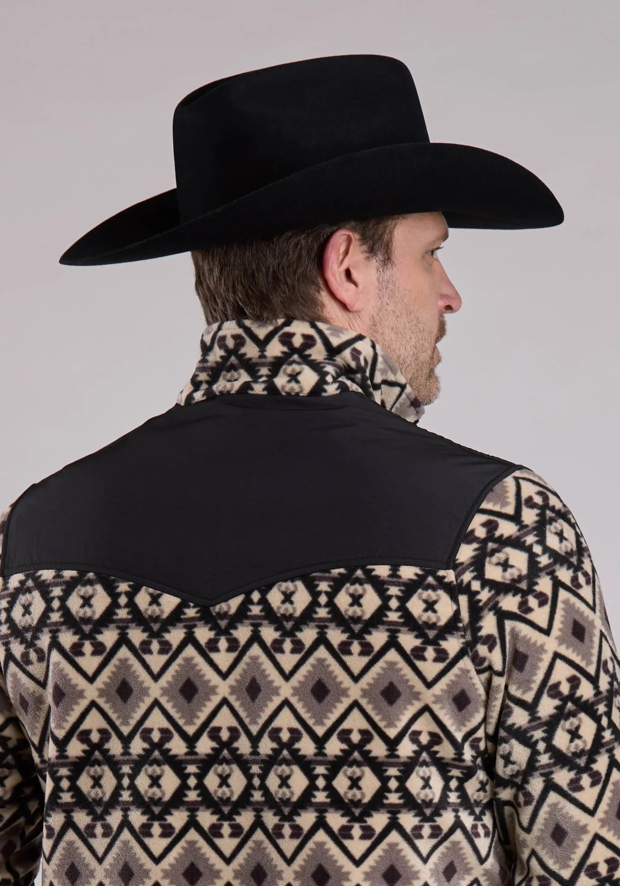 Mens Jacket Zipper Br Black Aztec Print Micro Fleece Western Jacket - ROPER - Flyclothing LLC