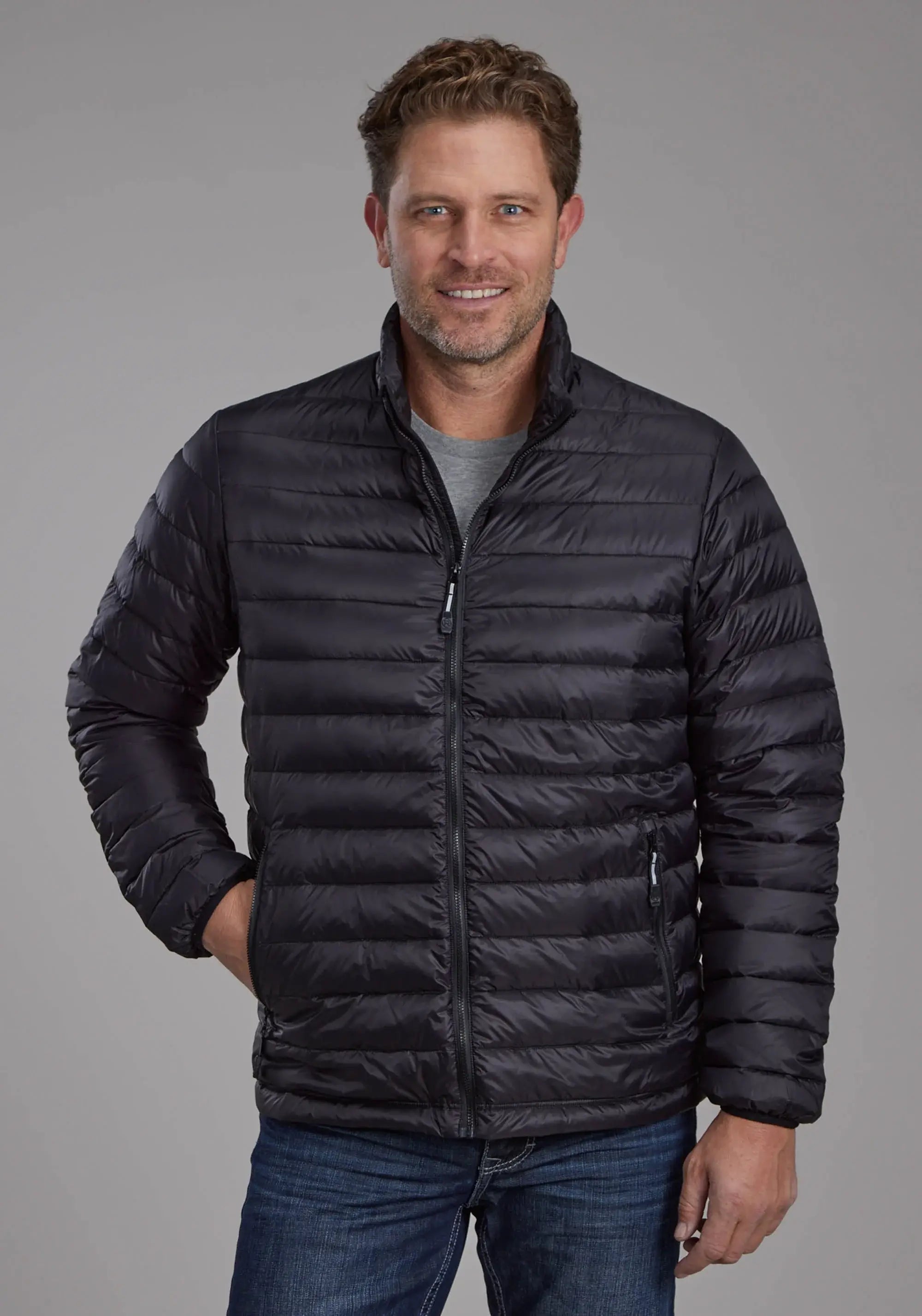 Mens Black Nylon Down Proof Coated Zipper Jacket - ROPER - Flyclothing LLC