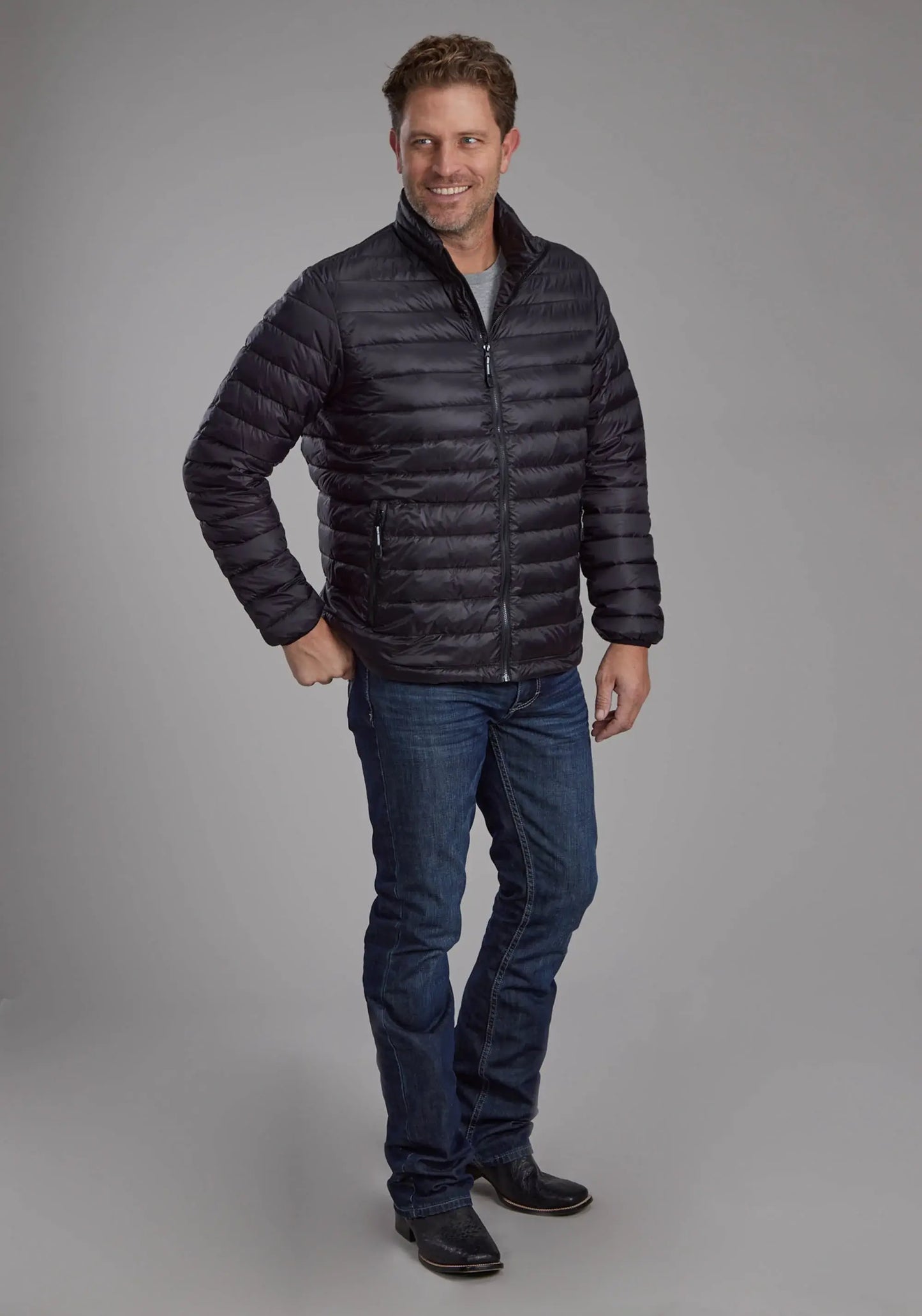Mens Black Nylon Down Proof Coated Zipper Jacket - ROPER - Flyclothing LLC