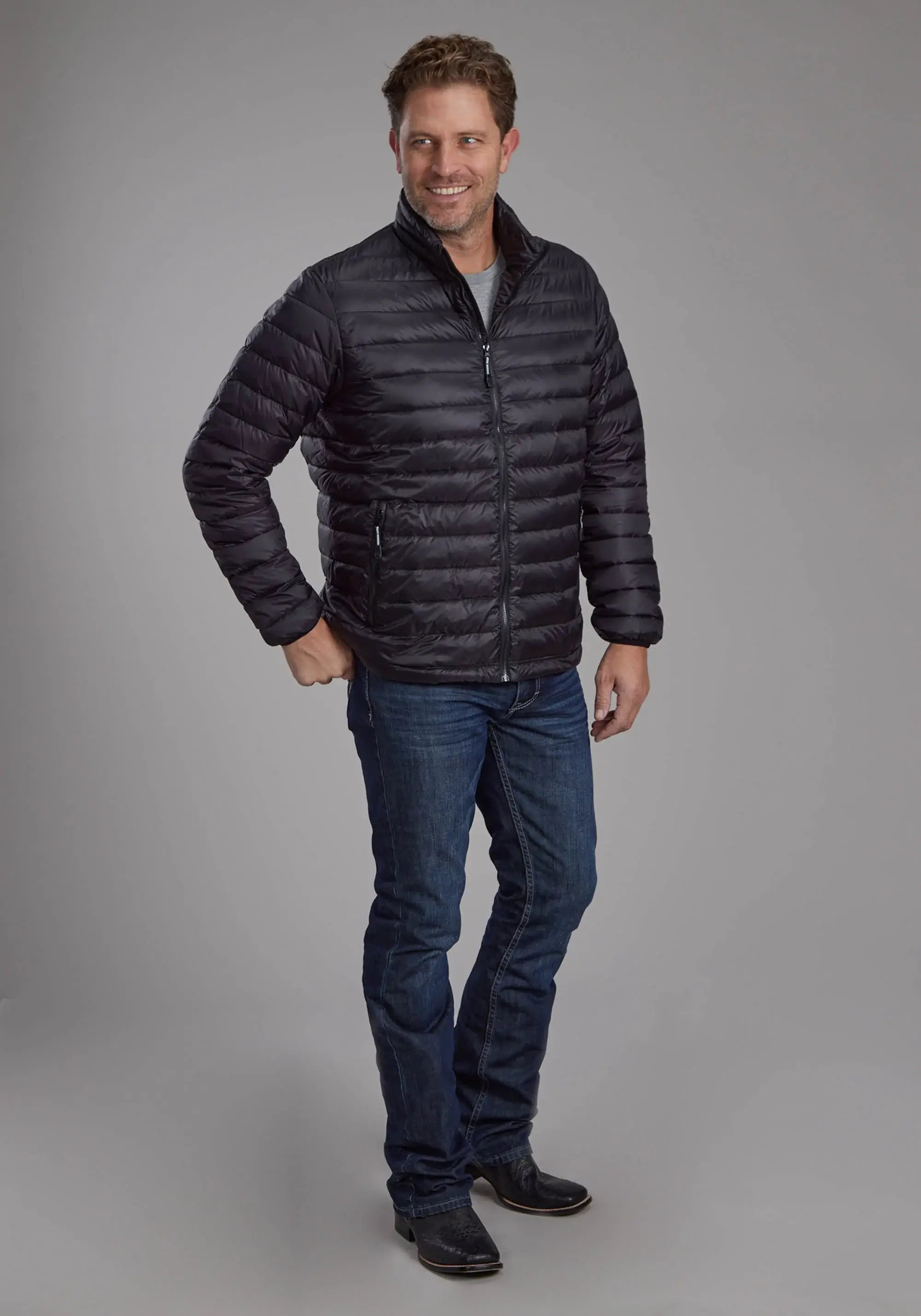 Mens Black Nylon Down Proof Coated Zipper Jacket - ROPER - Flyclothing LLC