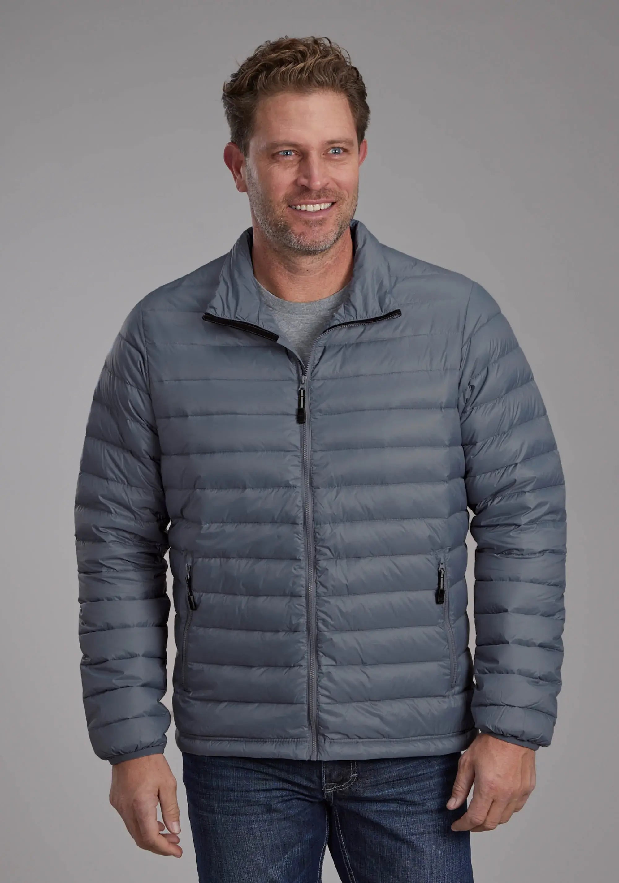 Mens Silver Blue Down Proof Coated Zipper Jacket - ROPER - Flyclothing LLC
