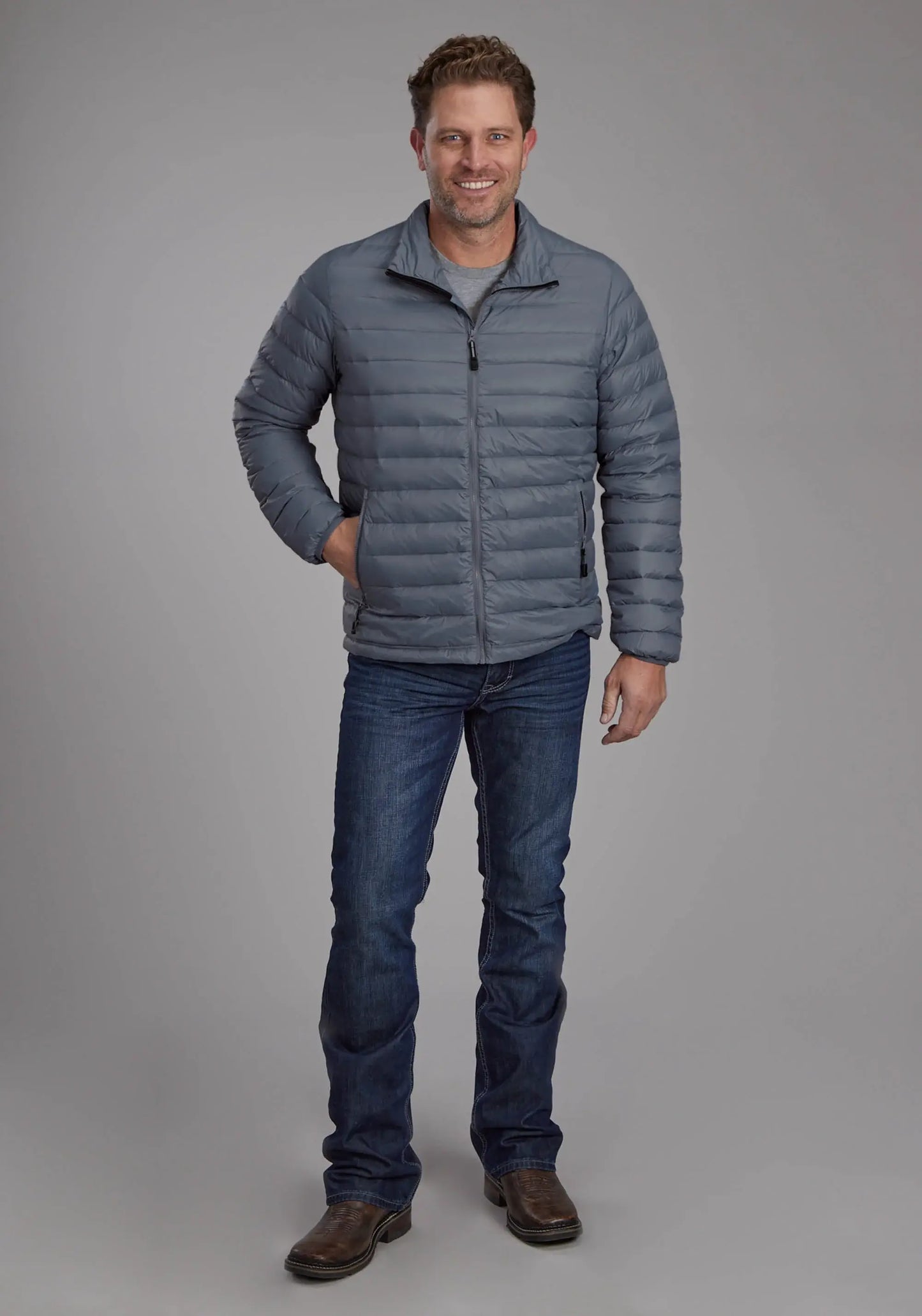 Mens Silver Blue Down Proof Coated Zipper Jacket - ROPER - Flyclothing LLC