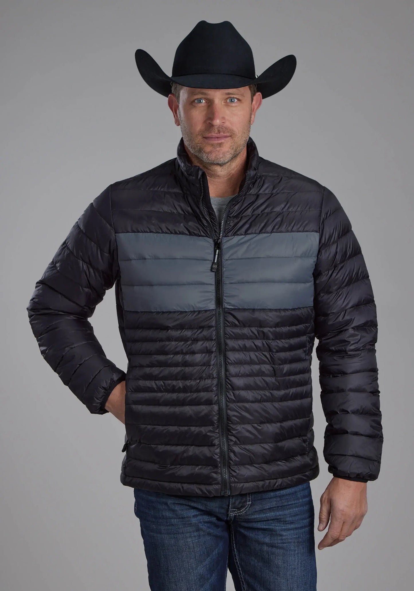 Mens Black Nylon Down Zipper Jacket - ROPER - Flyclothing LLC