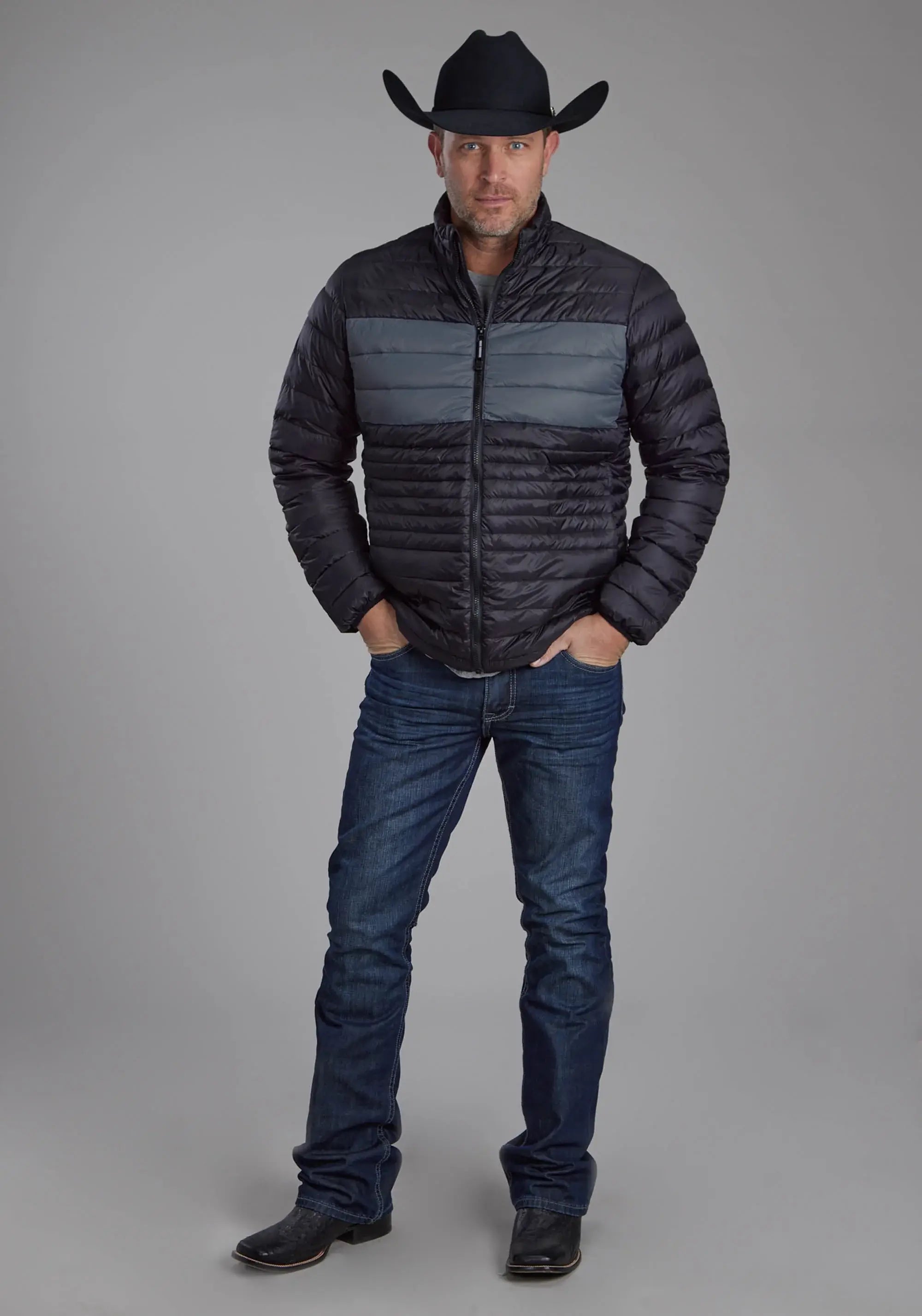 Mens Black Nylon Down Zipper Jacket - ROPER - Flyclothing LLC