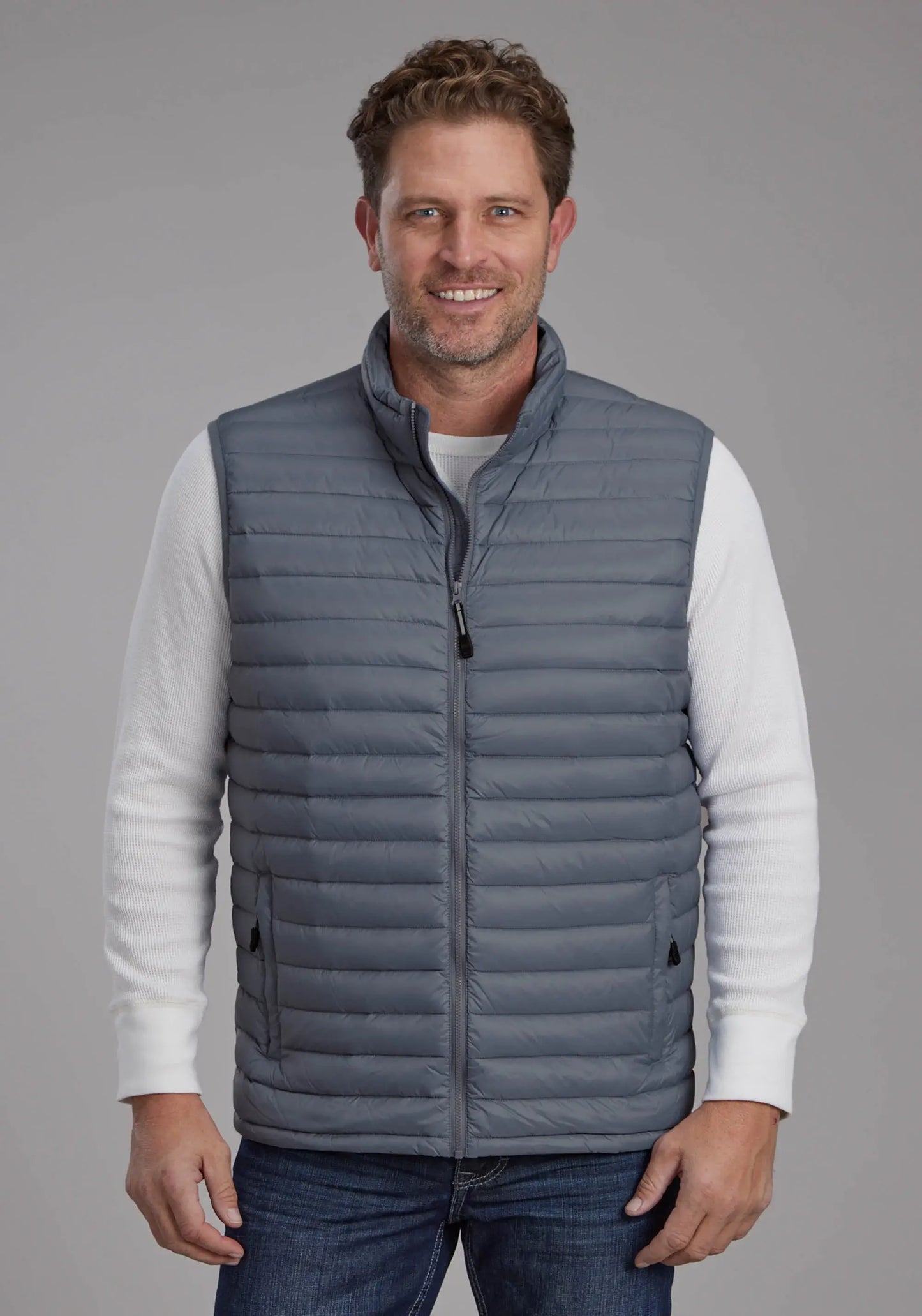 Mens Silver Blue Down Proof Coated Zipper Vest - ROPER - Flyclothing LLC