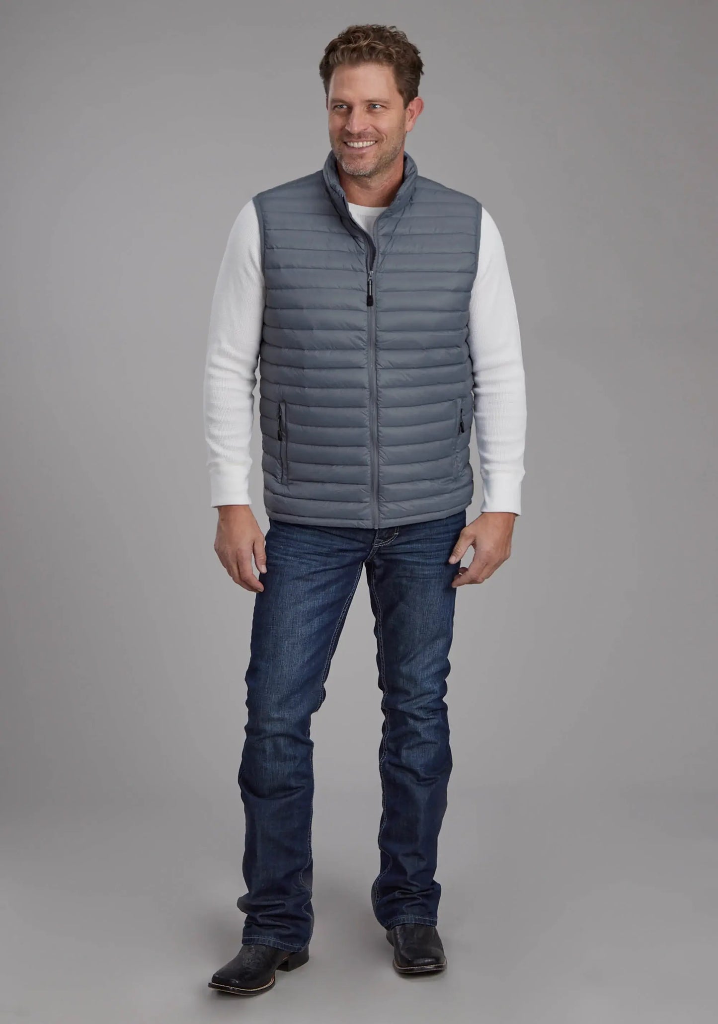 Mens Silver Blue Down Proof Coated Zipper Vest - ROPER - Flyclothing LLC