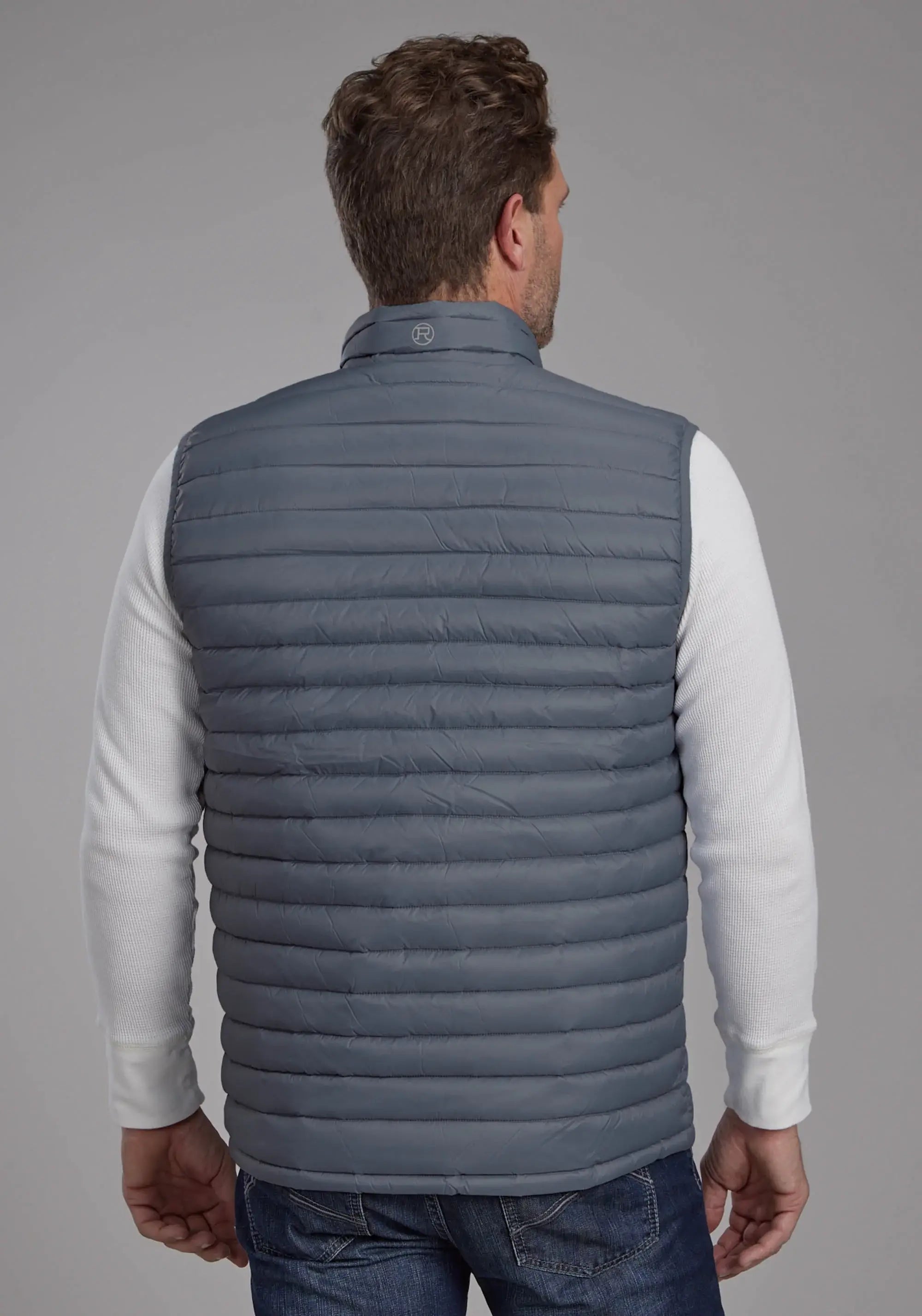 Mens Silver Blue Down Proof Coated Zipper Vest - ROPER - Flyclothing LLC