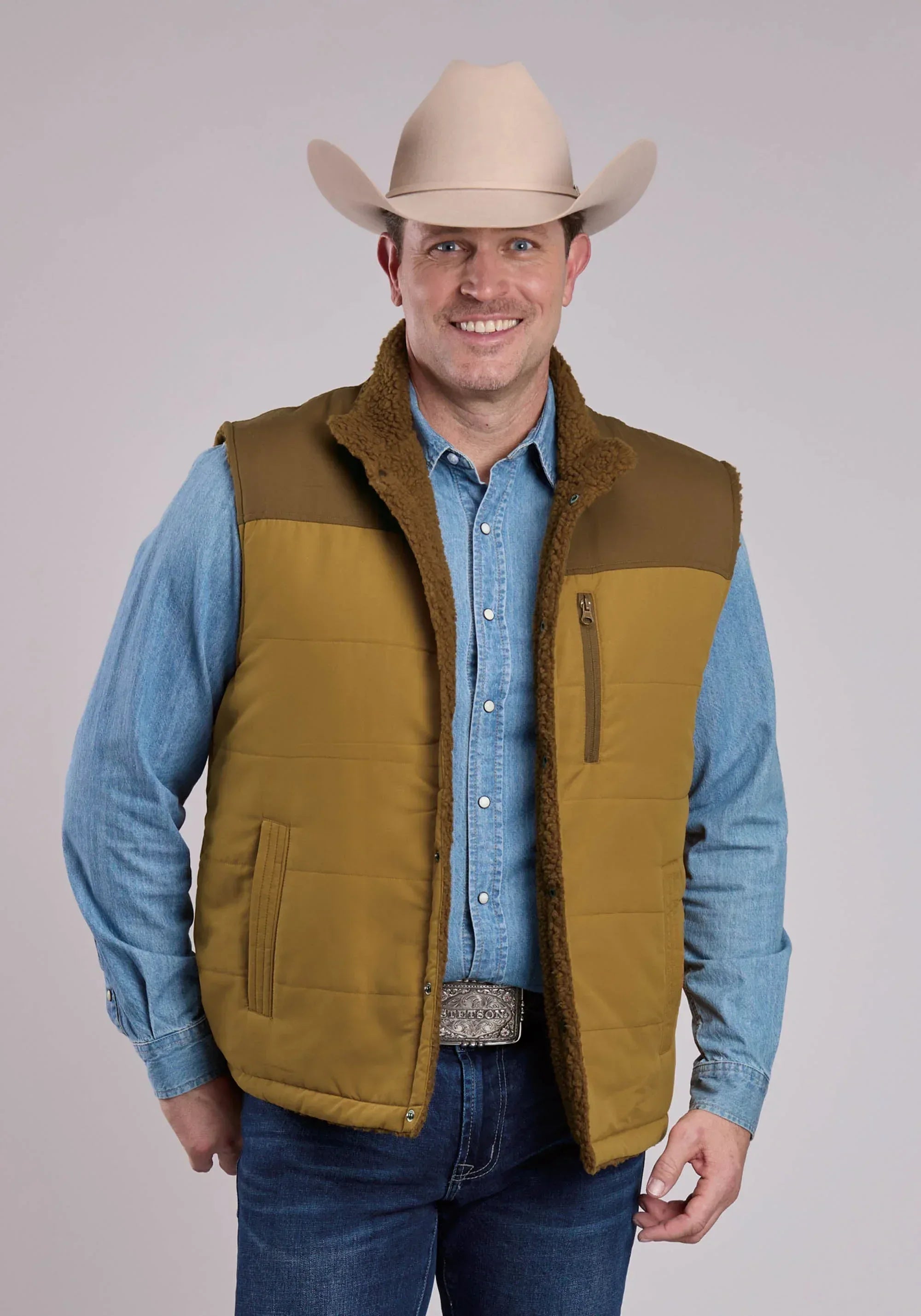 Mens Vest Zipper Poly Faux Sherpa Reversible Western Vest - ROPER - Flyclothing LLC