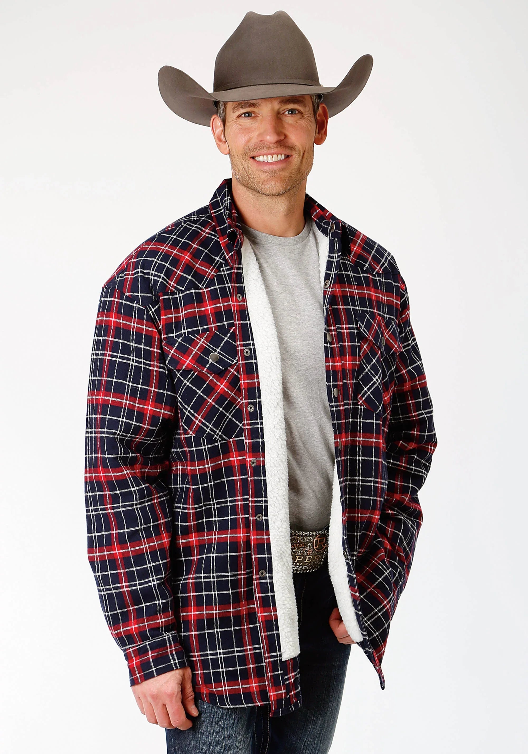 Mens Red And Navy Plaid Flannel Sherpa Lined Snap Western Shirt Jacket - T - ROPER - Flyclothing LLC