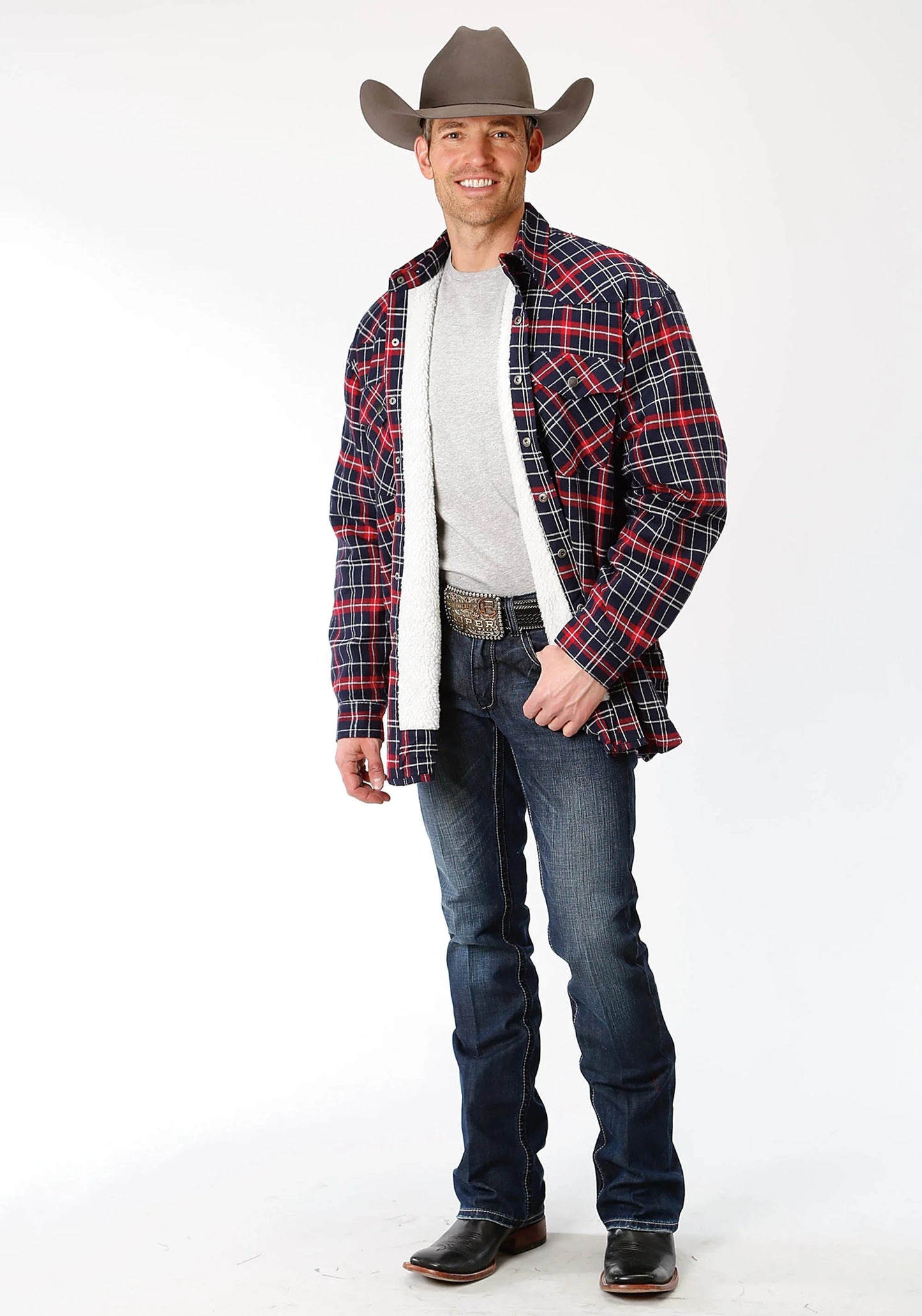 Mens Red And Navy Plaid Flannel Sherpa Lined Snap Western Shirt Jacket - T - ROPER - Flyclothing LLC