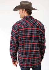Mens Red And Navy Plaid Flannel Sherpa Lined Snap Western Shirt Jacket - T - ROPER - Flyclothing LLC
