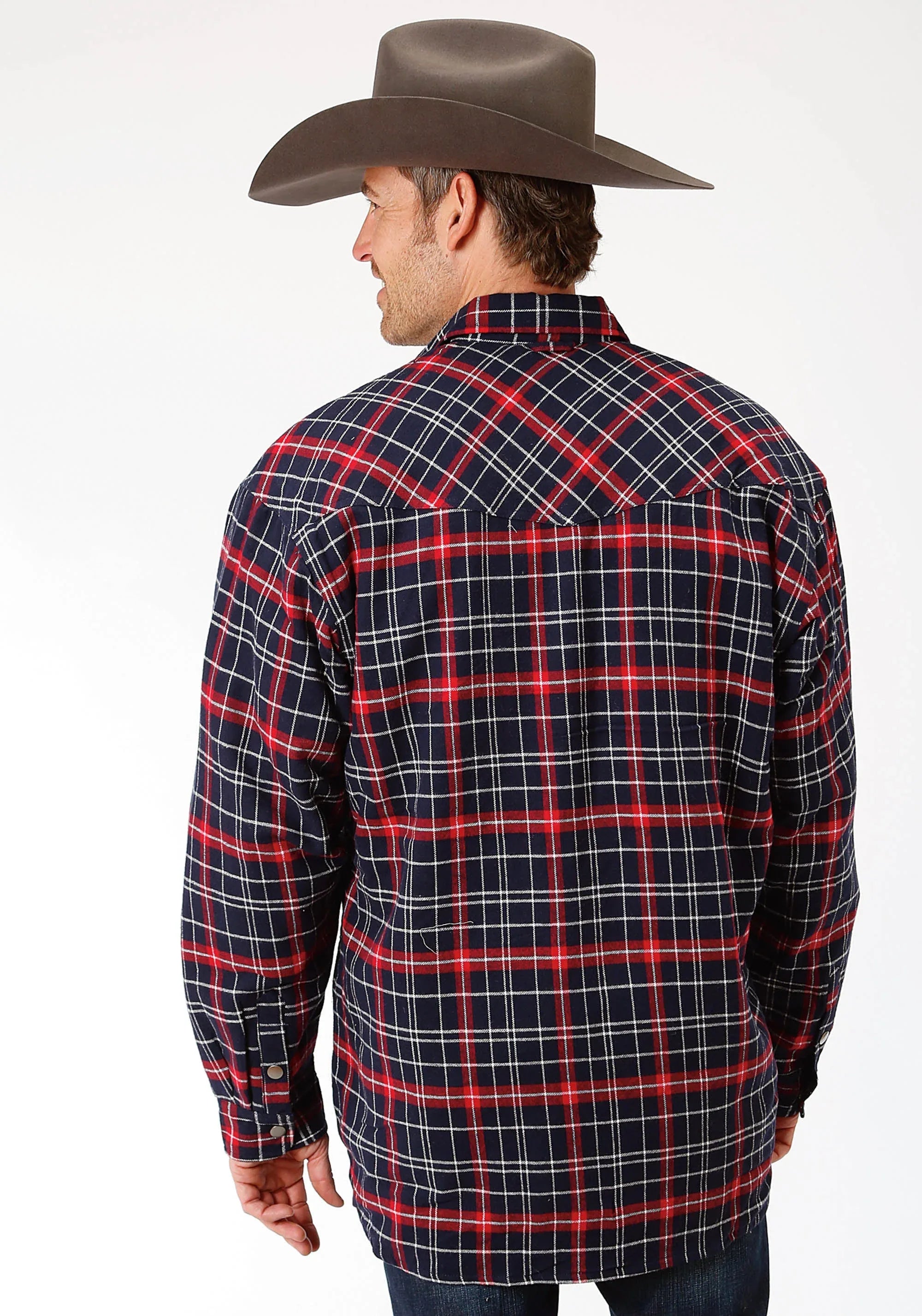 Mens Red And Navy Plaid Flannel Sherpa Lined Snap Western Shirt Jacket - T - ROPER - Flyclothing LLC