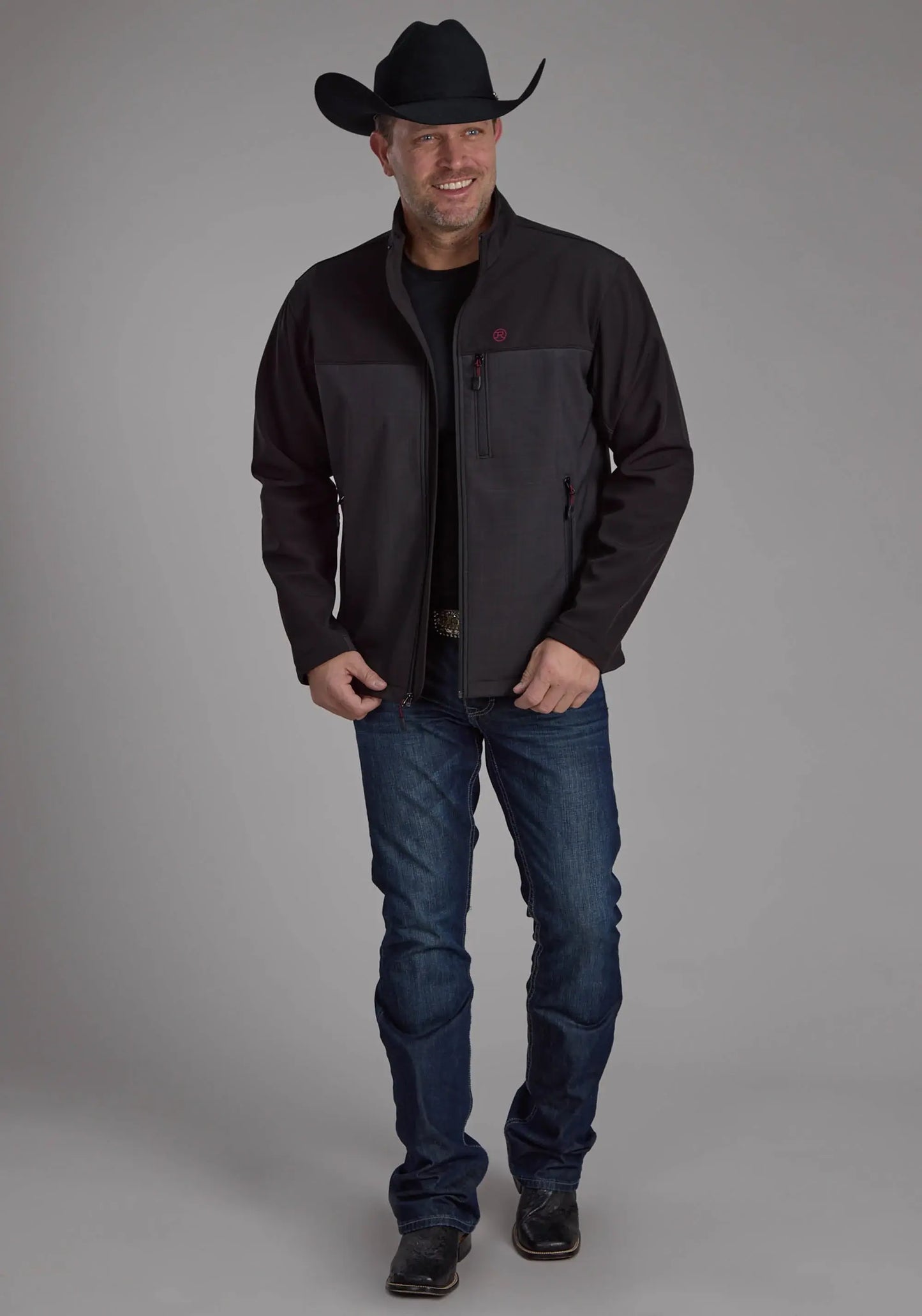 Mens Gray Black Pieced Softshell Zipper Jacket - ROPER - Flyclothing LLC