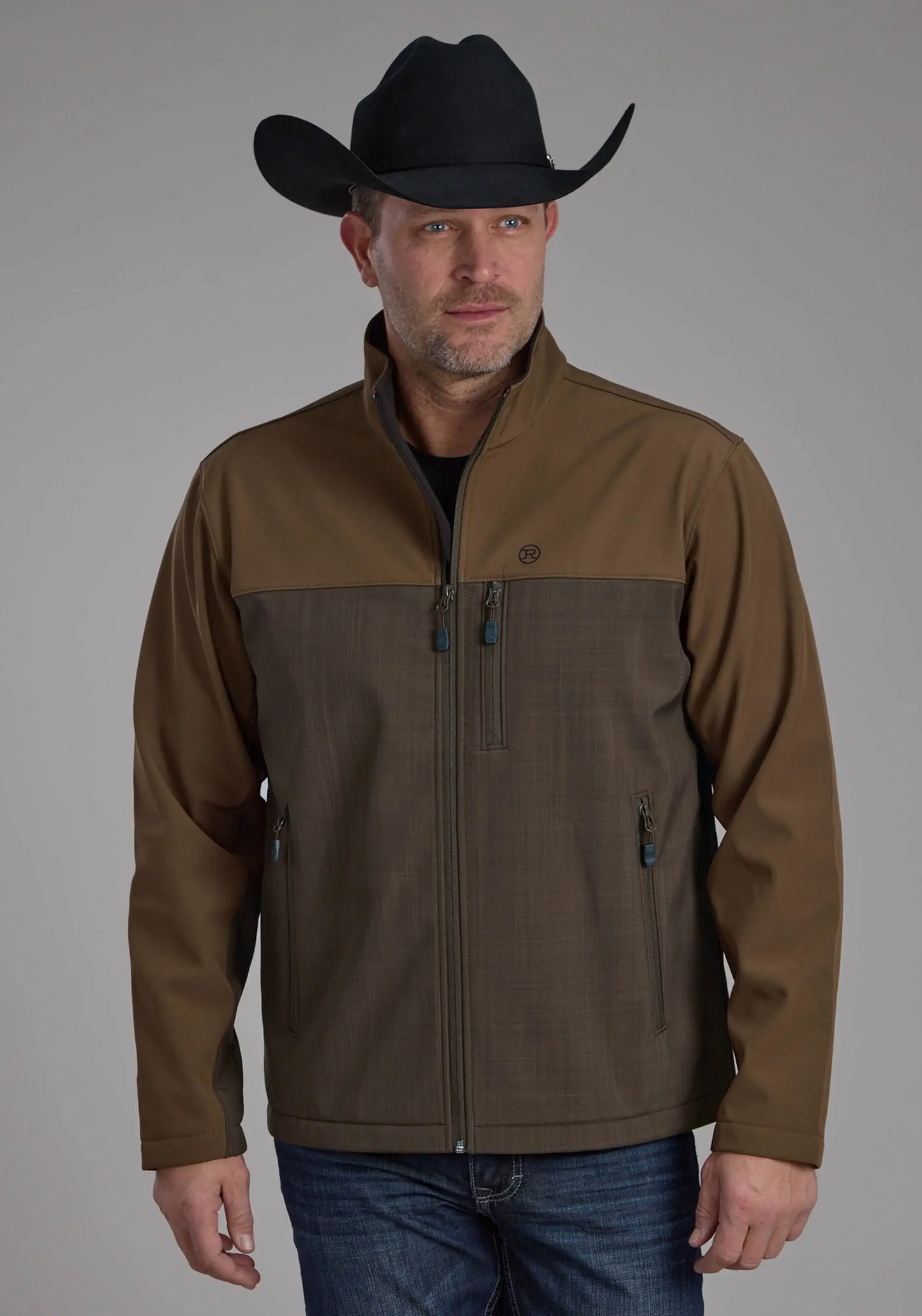 Mens Brown Chocolate Pieced Softshell Zipper Jacket - ROPER - Flyclothing LLC
