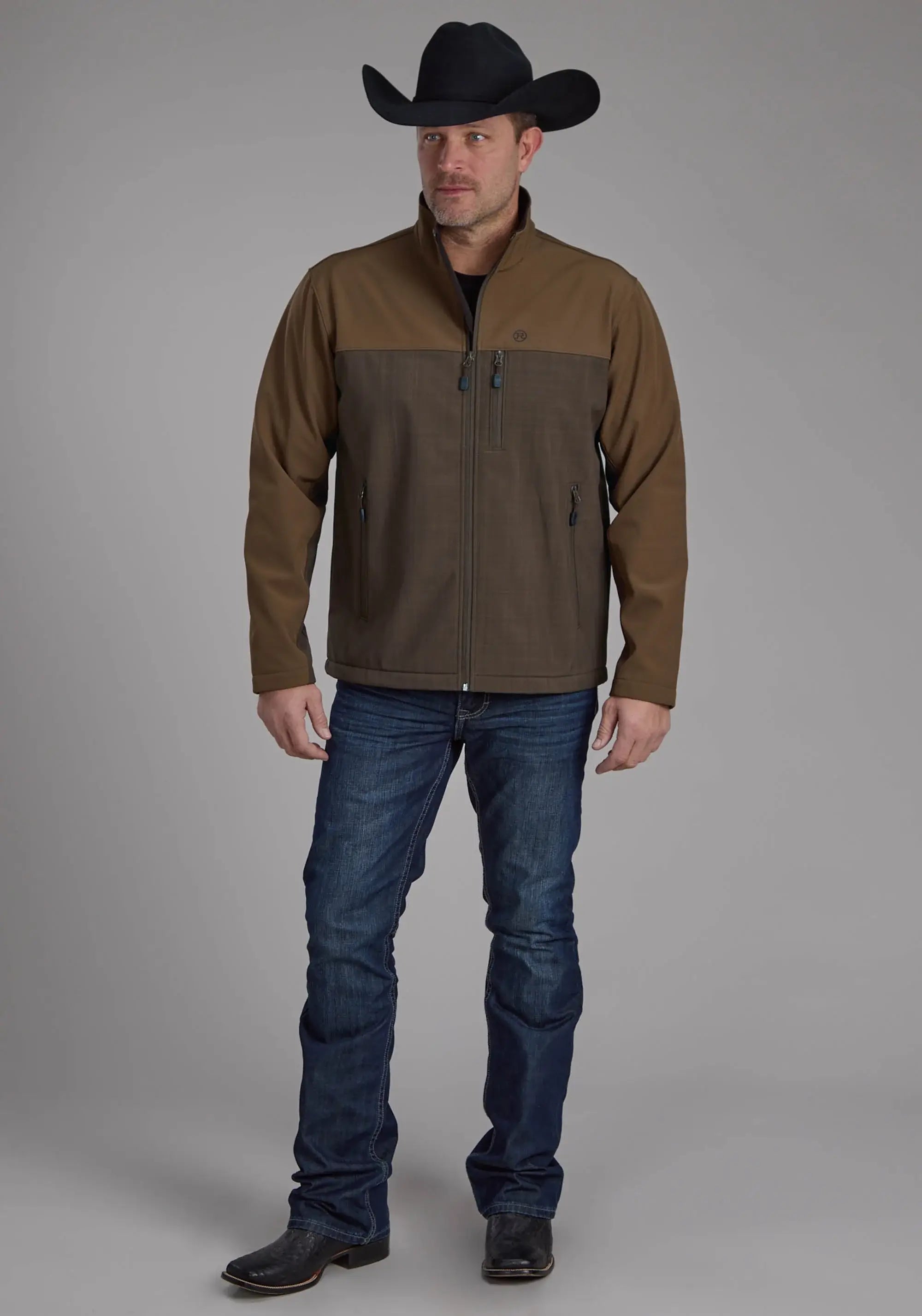 Mens Brown Chocolate Pieced Softshell Zipper Jacket - ROPER - Flyclothing LLC
