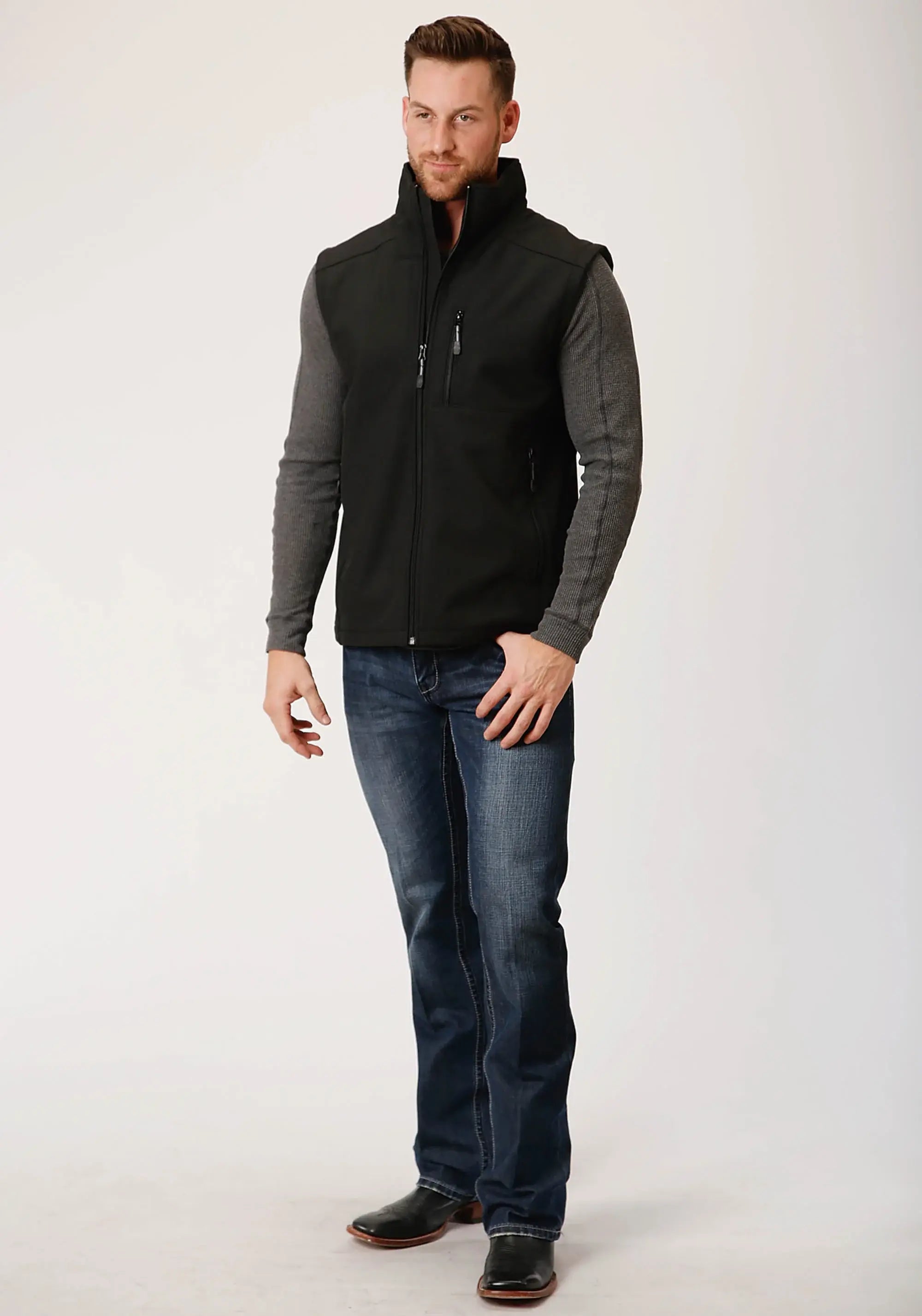 Mens Black Softshell With Black Lining Zip Front Vest - ROPER - Flyclothing LLC