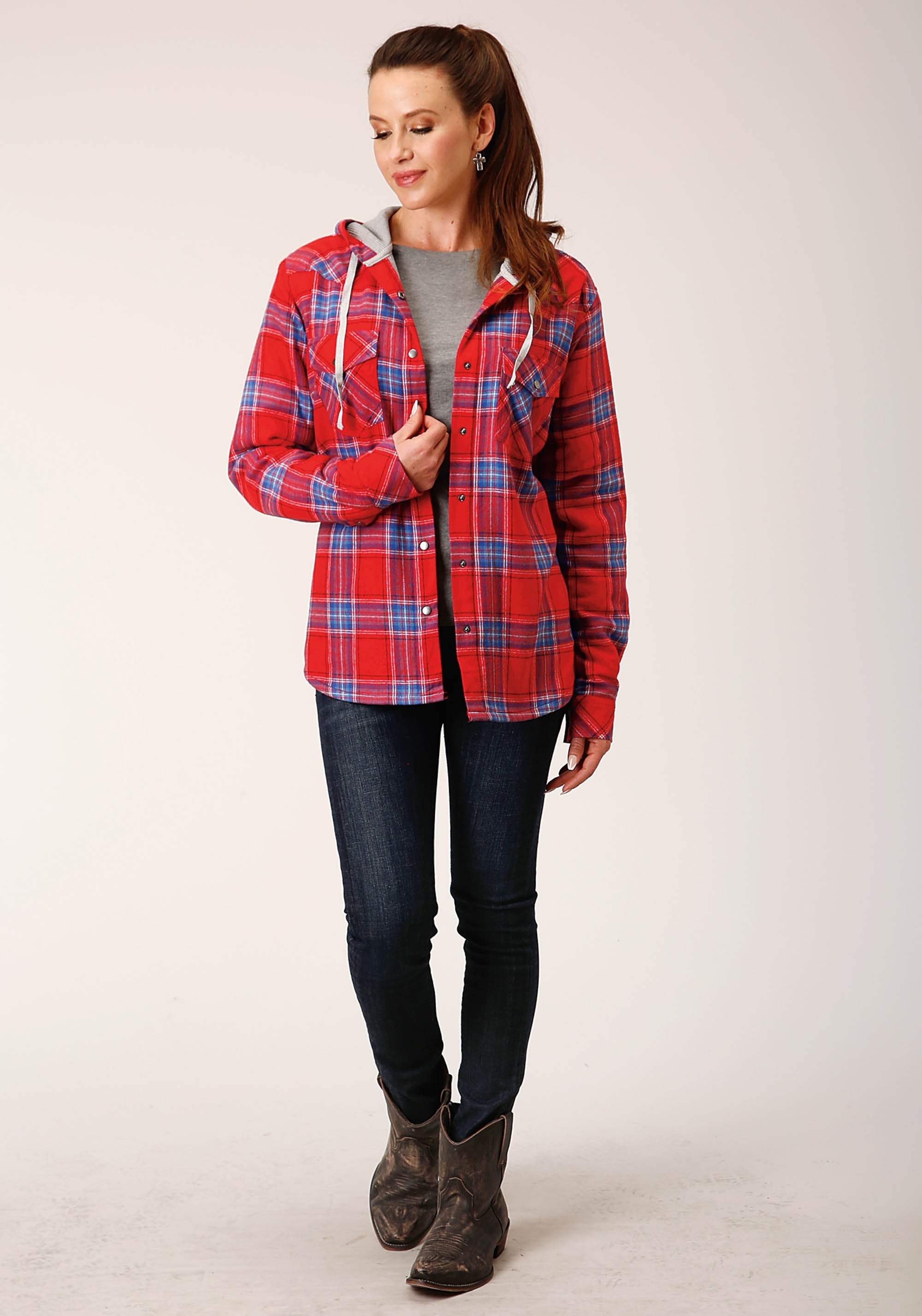 Roper Womens Snap Thermal Lined Flannel Shirt Jacket Coral Blue White Plaid - Roper - Flyclothing LLC