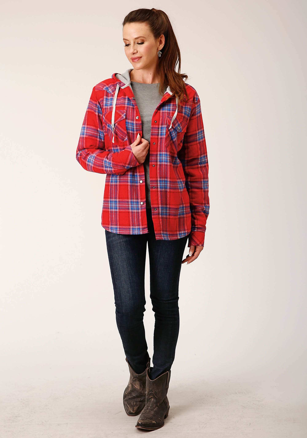 Roper Womens Snap Thermal Lined Flannel Shirt Jacket Coral Blue White Plaid - Roper - Flyclothing LLC