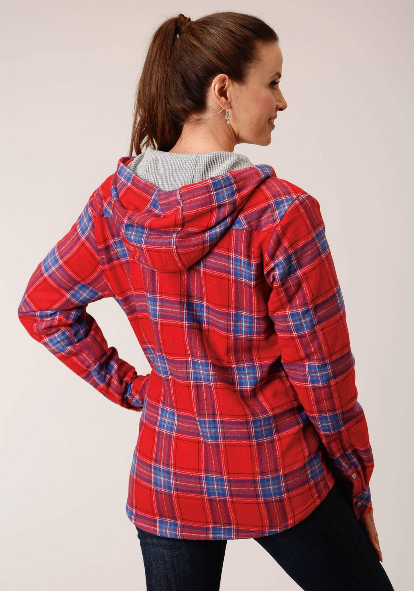 Roper Womens Snap Thermal Lined Flannel Shirt Jacket Coral Blue White Plaid - Roper - Flyclothing LLC