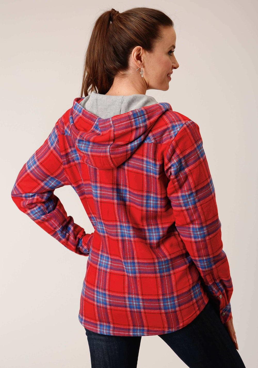 Roper Womens Snap Thermal Lined Flannel Shirt Jacket Coral Blue White Plaid - Roper - Flyclothing LLC
