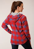 Roper Womens Snap Thermal Lined Flannel Shirt Jacket Coral Blue White Plaid - Roper