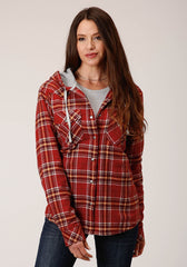 Roper Womens Snap Thermal Lined Flannel Shirt Jacket Rust Wine Gold Plaid - Roper