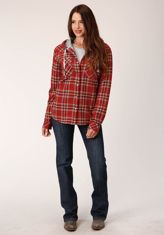 Roper Womens Snap Thermal Lined Flannel Shirt Jacket Rust Wine Gold Plaid - Roper