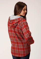 Roper Womens Snap Thermal Lined Flannel Shirt Jacket Rust Wine Gold Plaid - Roper