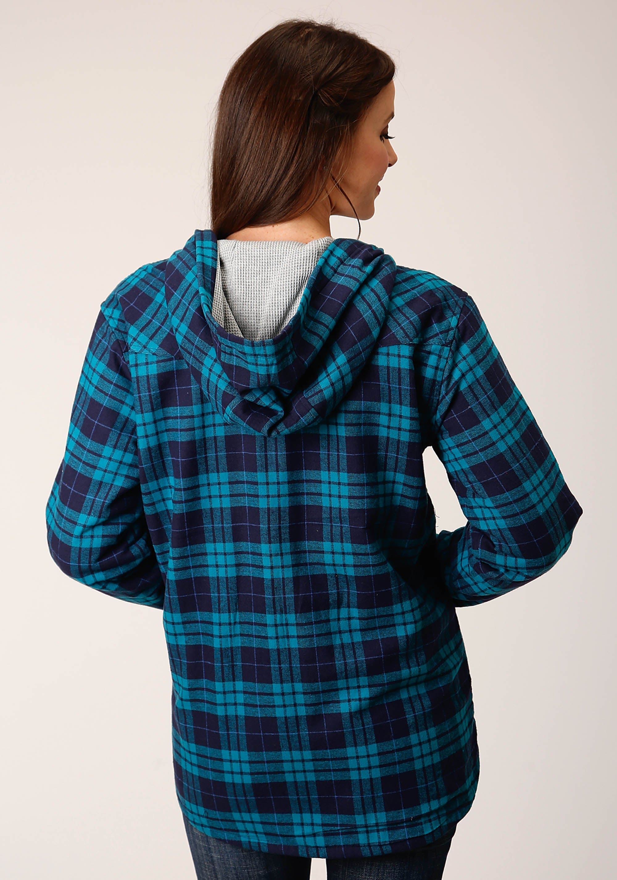 Roper Womens Snap Thermal Lined Flannel Shirt Jacket Turquoise Navy Plaid - Roper