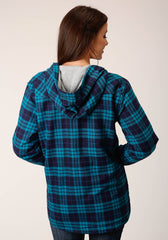 Roper Womens Snap Thermal Lined Flannel Shirt Jacket Turquoise Navy Plaid - Roper