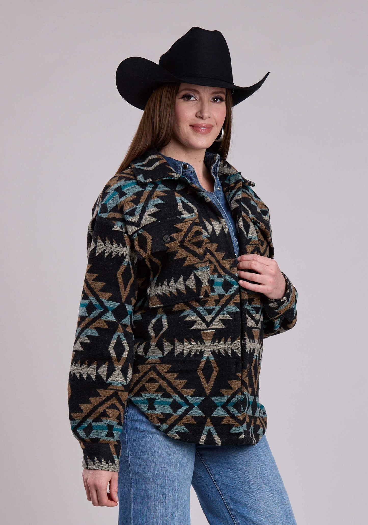 Womens Roper Woven Aztec Black Turquoise Brown Shirt Jacket - Roper - Flyclothing LLC