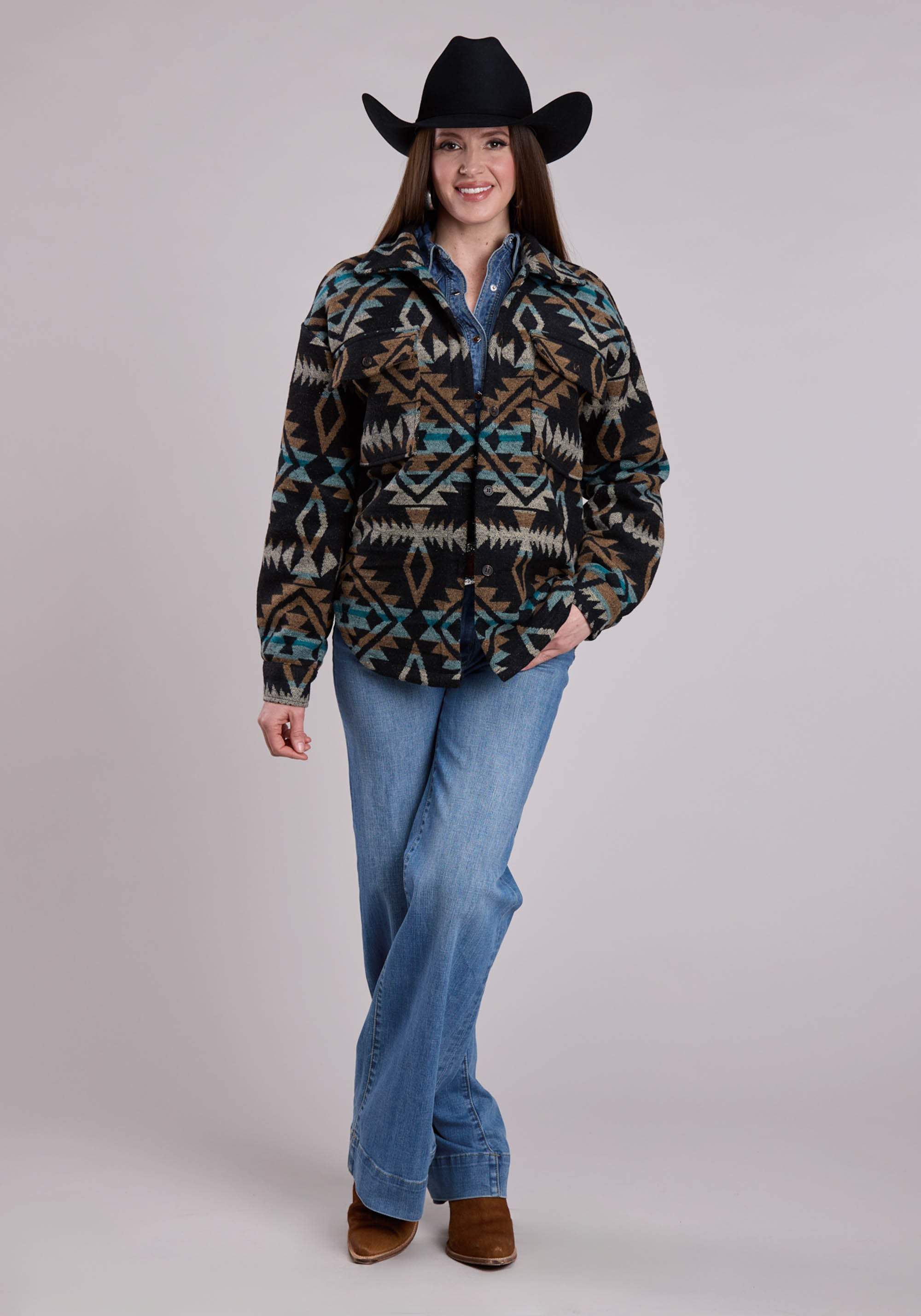 Womens Roper Woven Aztec Black Turquoise Brown Shirt Jacket - Roper - Flyclothing LLC