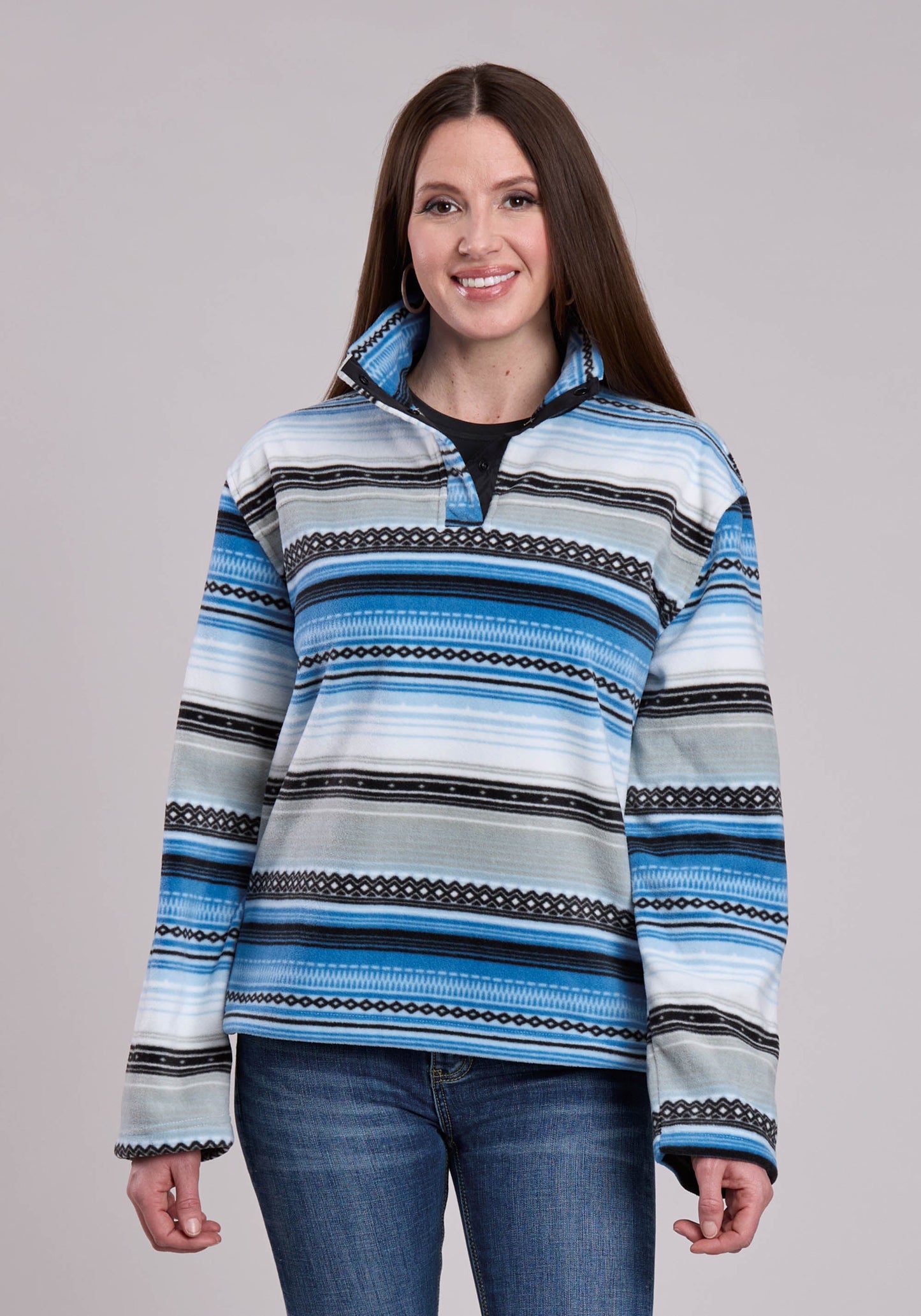 Roper Womens Jacket Snap Blue Black Gray Horizontal Aztec Print P O We