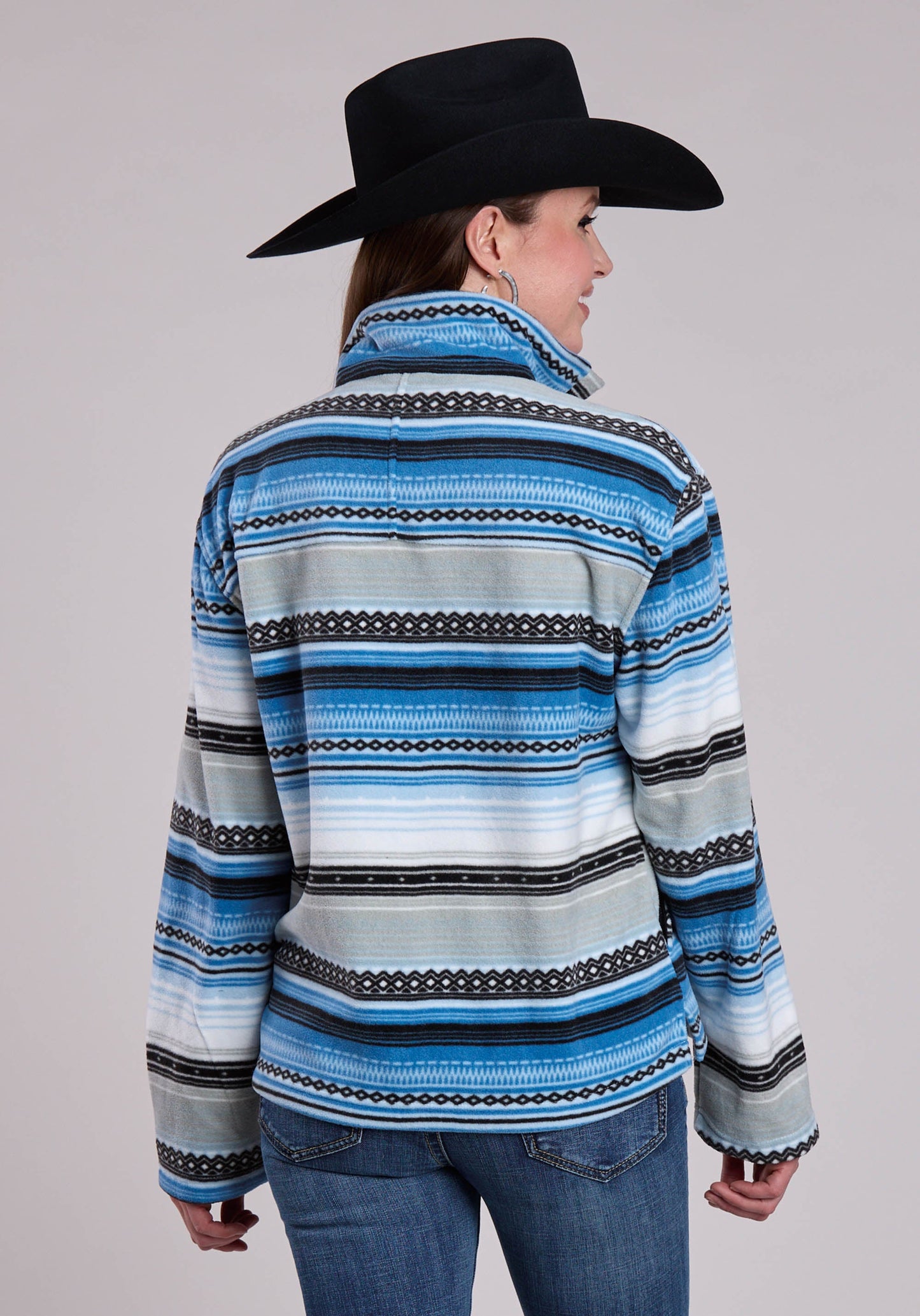 Roper Womens Jacket Snap Blue Black Gray Horizontal Aztec Print P O Western Jacke