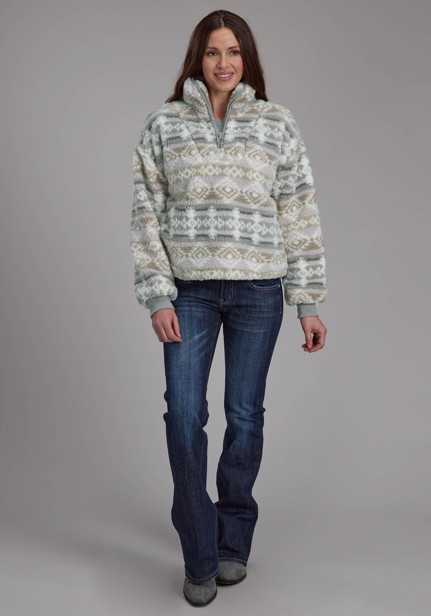 Roper Womens Taupe Gray Fuzzy Aztec Polar Fleece Zipper Jacket