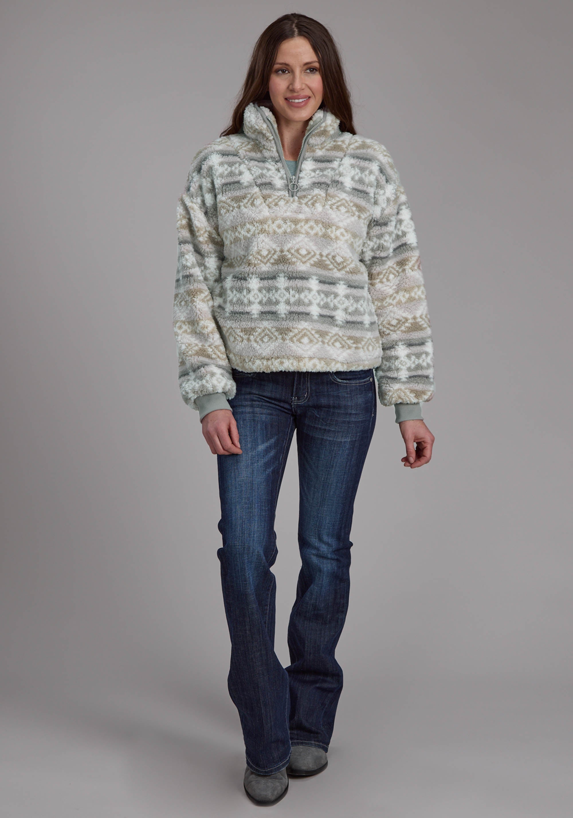 Roper Womens Taupe Gray Fuzzy Aztec Polar Fleece Zipper Jacket