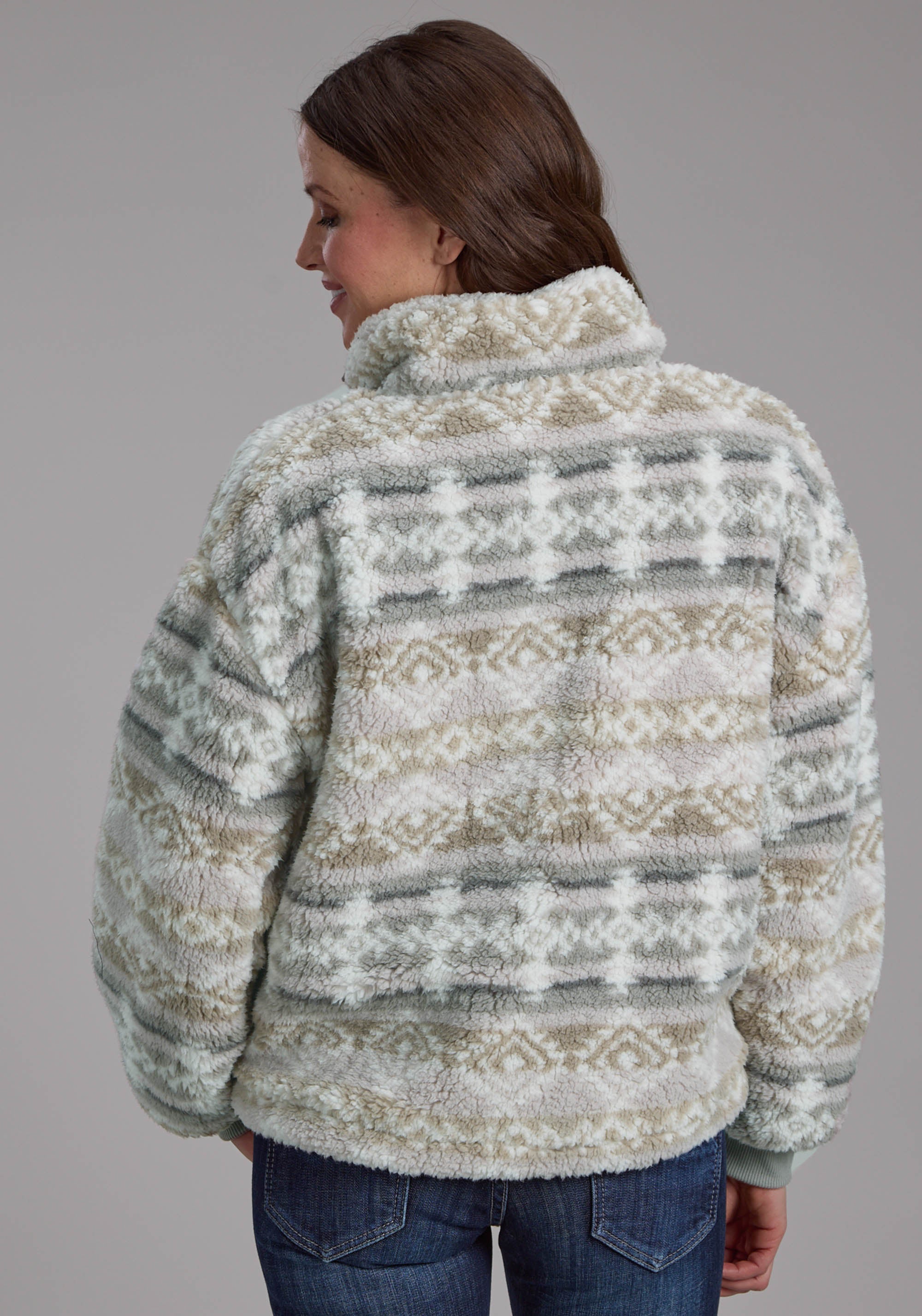 Roper Womens Taupe Gray Fuzzy Aztec Polar Fleece Zipper Jacket